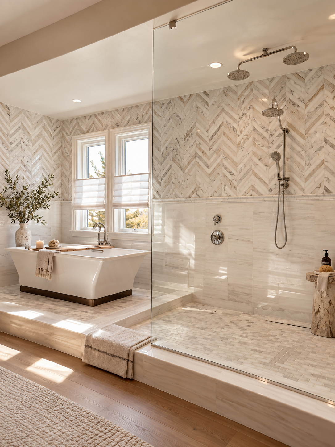 Luxury San Diego primary bathroom with marble herringbone tile, freestanding tub and expansive glass walk-in shower