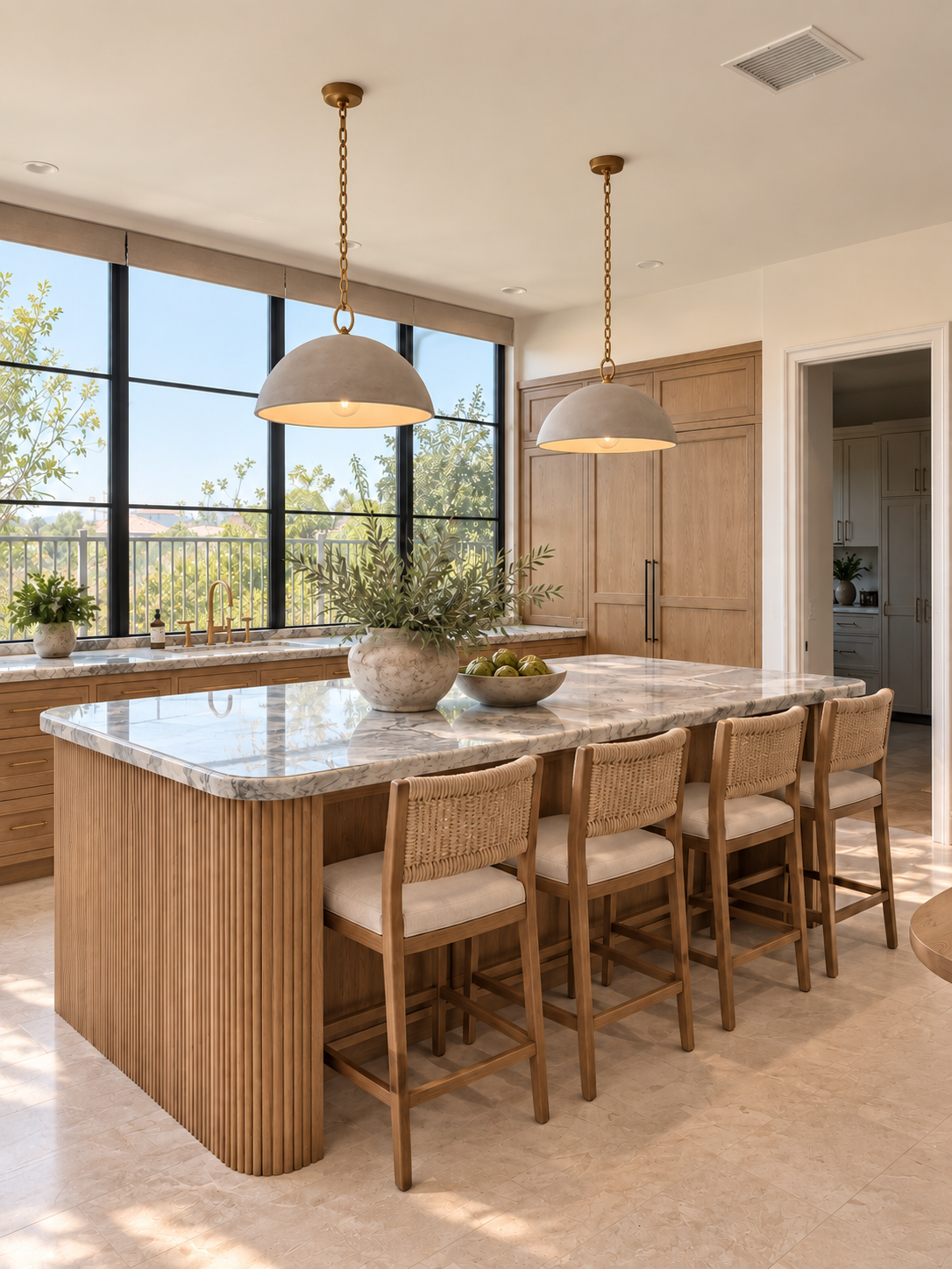 Sunlit California kitchen featuring custom oak cabinetry, natural stone countertops and expansive steel-framed windows.