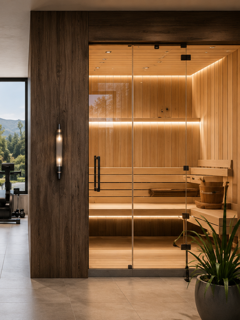 Luxury home wellness room featuring a custom sauna, fitness area, and boutique hospitality inspired design.