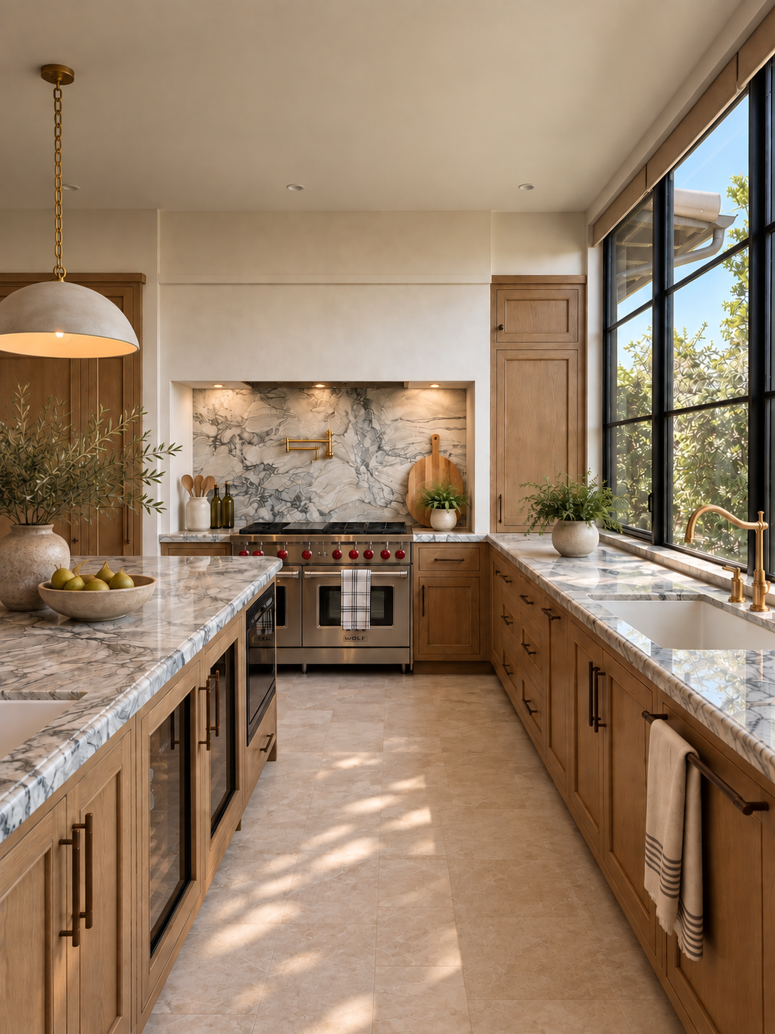Luxury kitchen renovation featuring custom oak cabinetry, expressive natural stone, brass fixtures and a professional range.