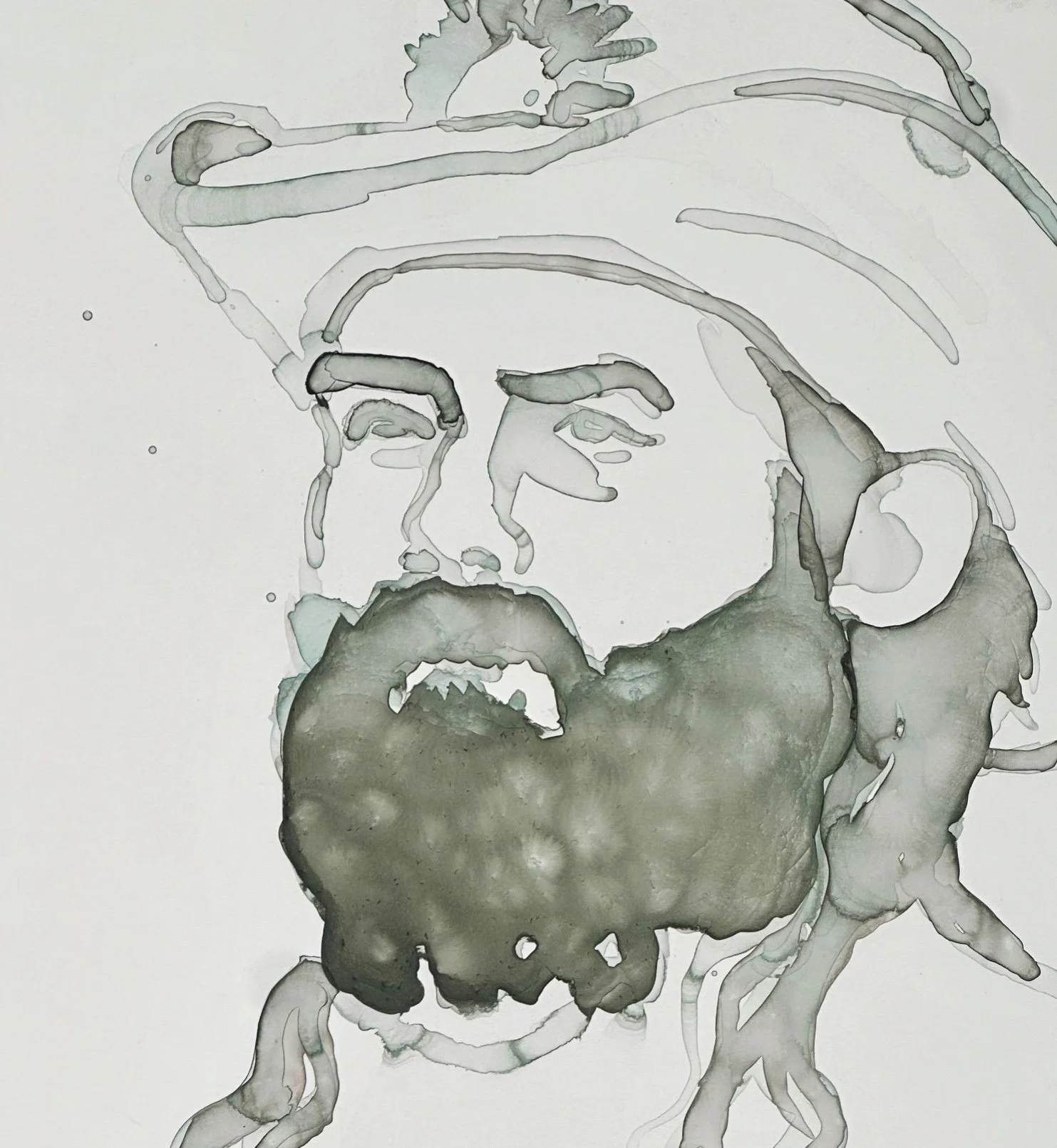 Line drawing of a man with a beard and mustache, wearing a wide-brimmed hat, rendered in black and gray ink wash style.