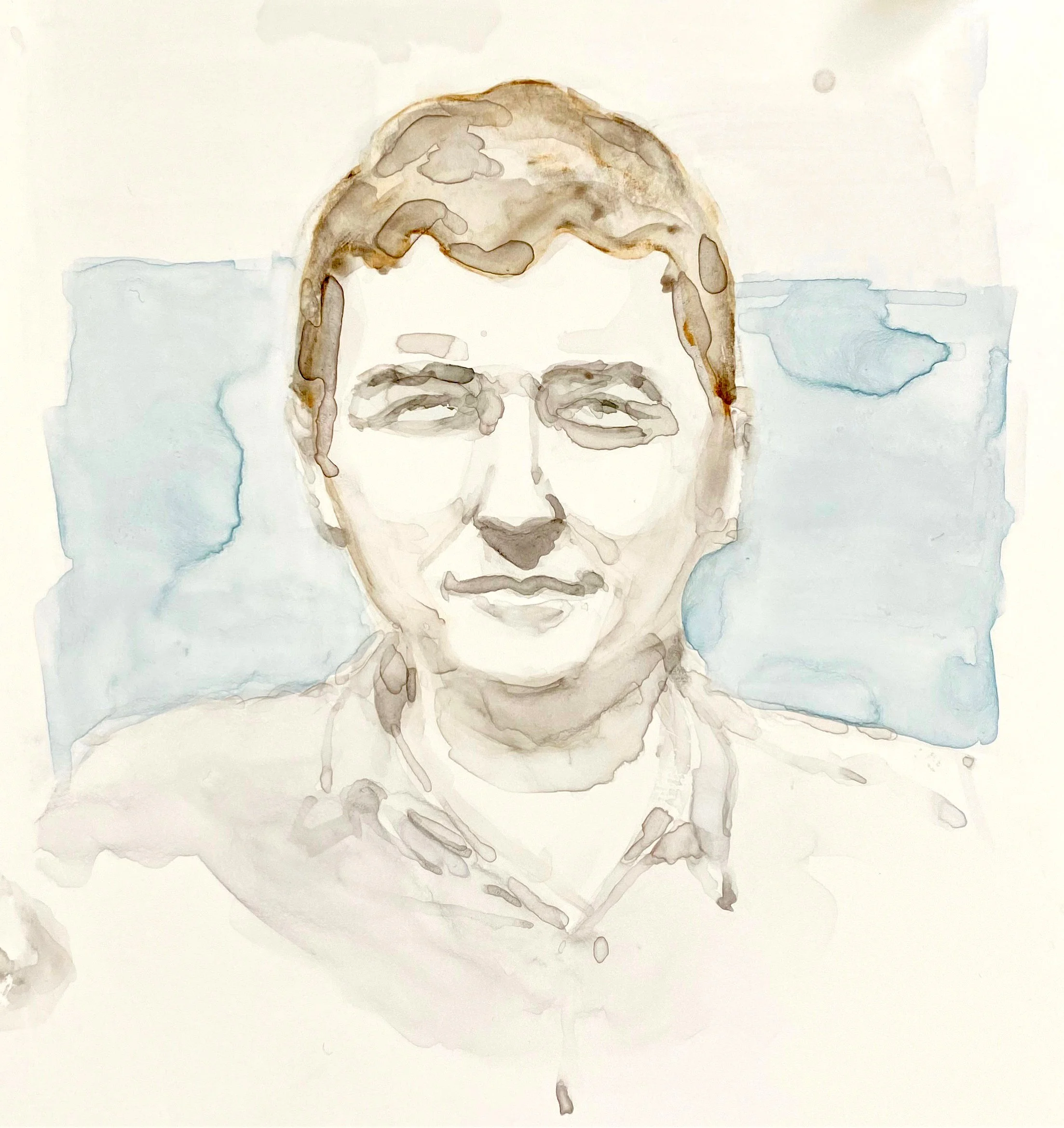 Watercolor portrait of a man with short hair, wearing glasses, and a collared shirt.