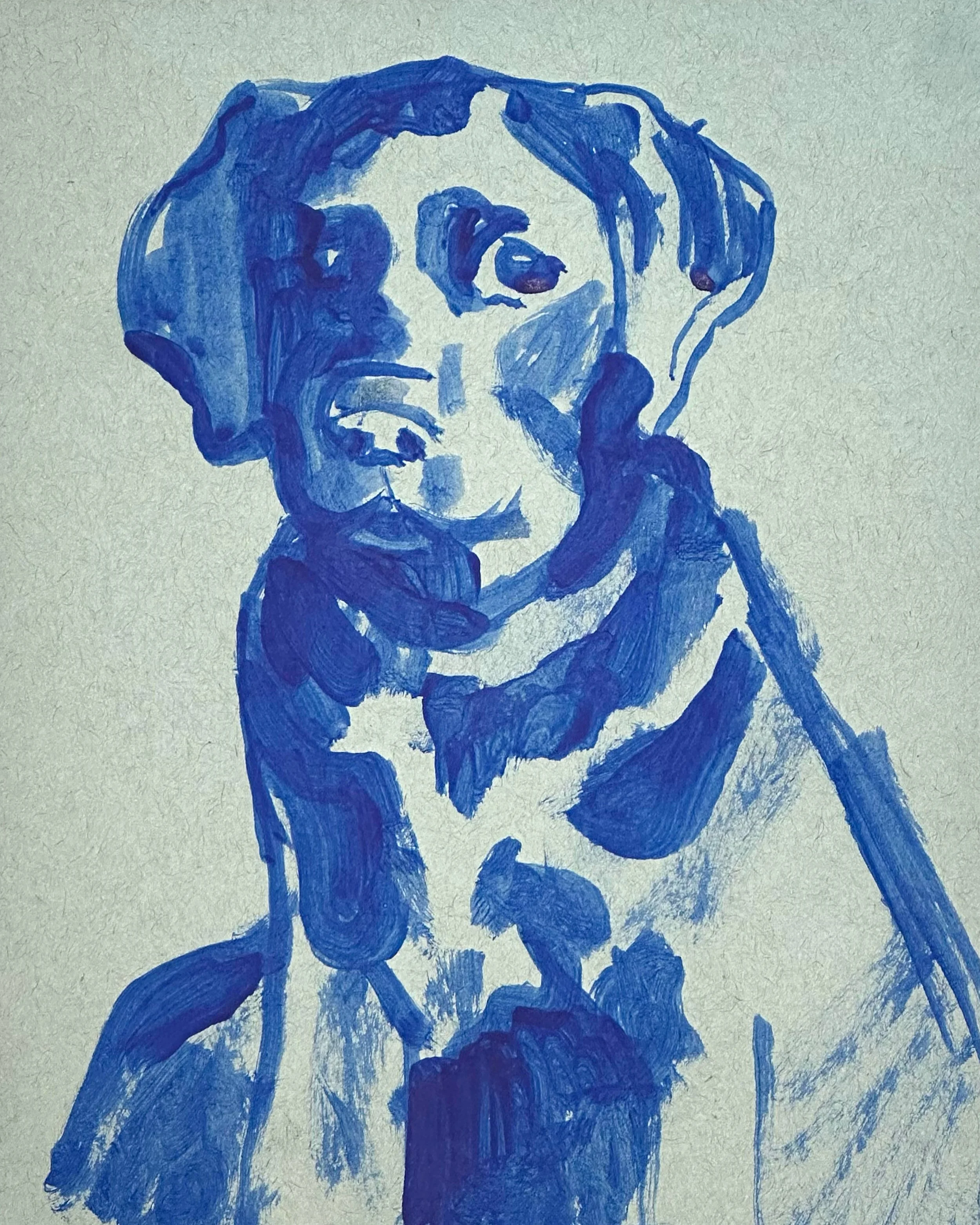 Blue ink sketch of a dog with a collar, drawn on textured paper.
