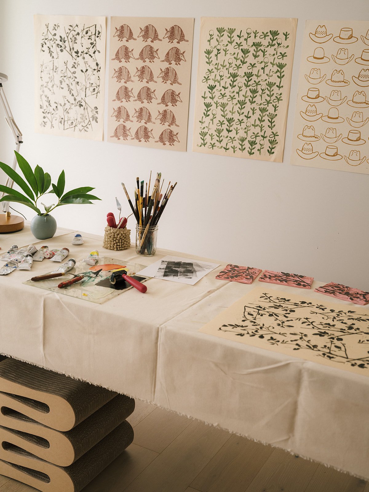 Leigh Teixeira Fine Art Linocut Prints in Austin Texas Armadillos Cowboy Hats Green Flowers.jpg
