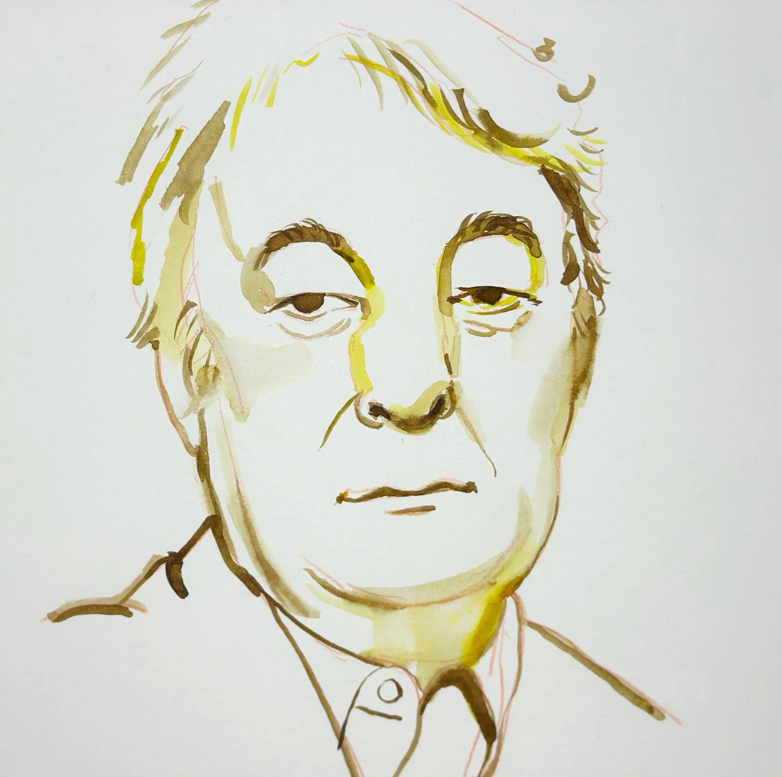 A watercolor sketch of a person with short hair, a serious expression, wearing a collared shirt.