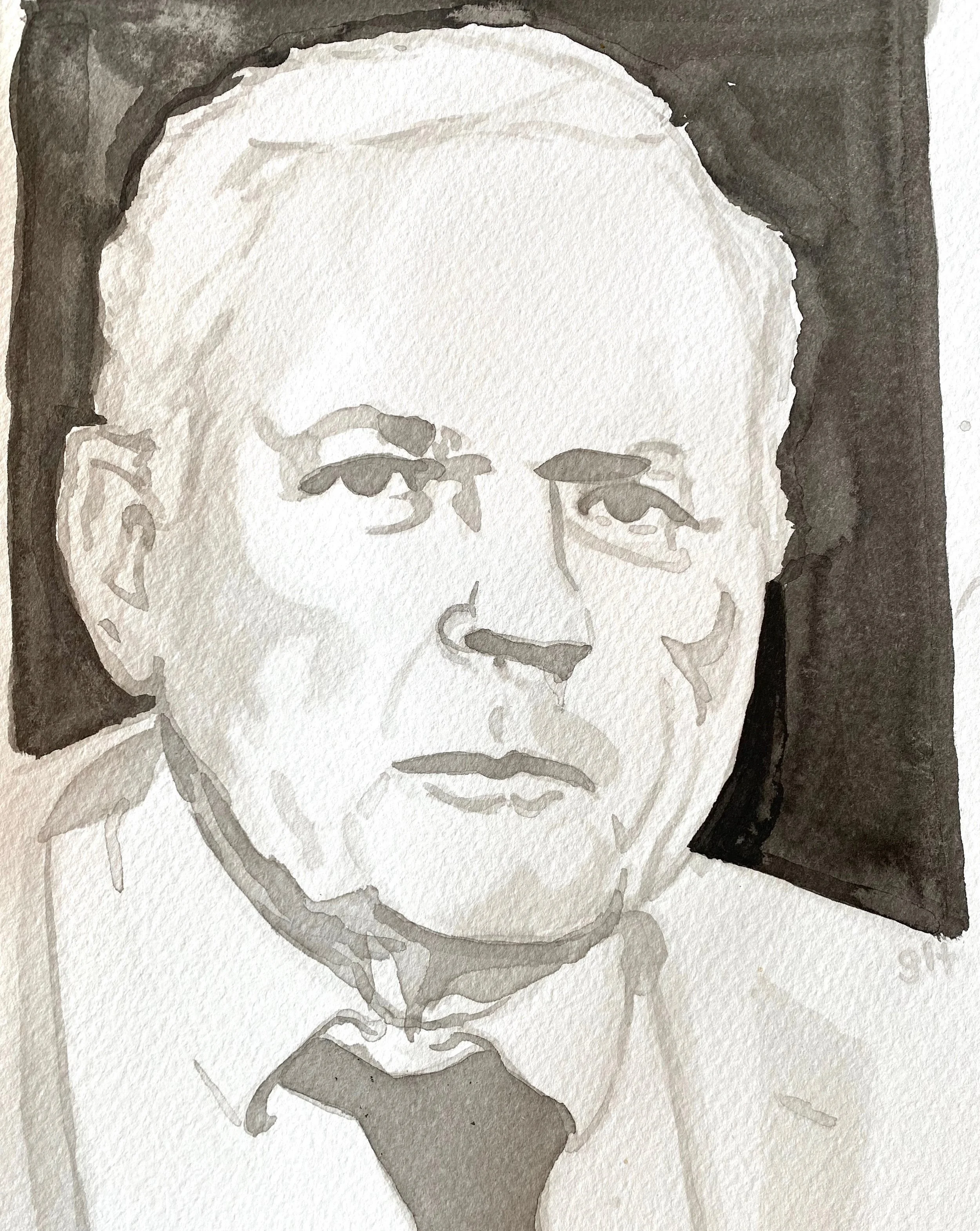 Black and white watercolor portrait of an older man with glasses, short white hair, and a serious expression, wearing a shirt and tie.