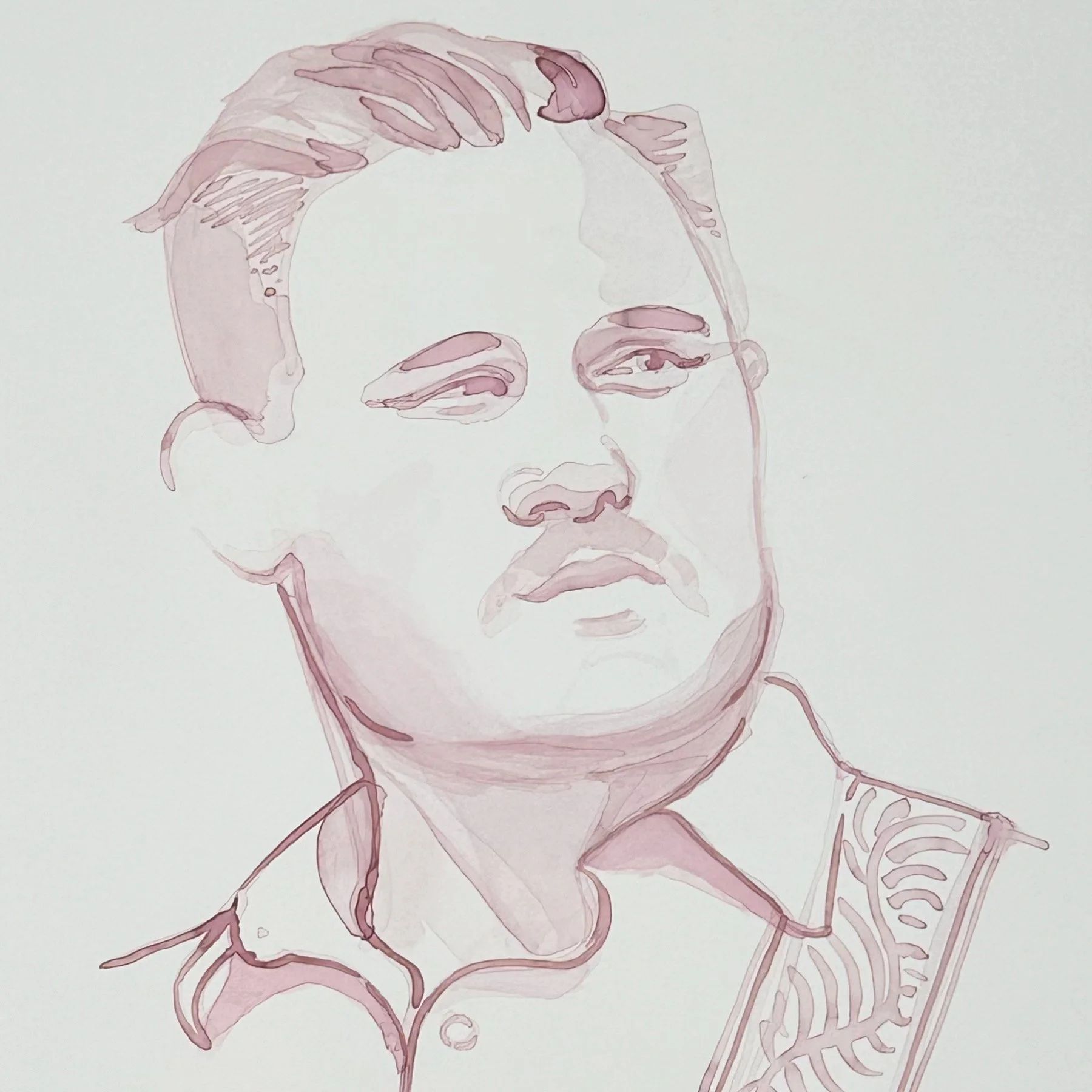 A watercolor-style line drawing of a man with a mustache, wearing a collared shirt and a vest, with styled hair.