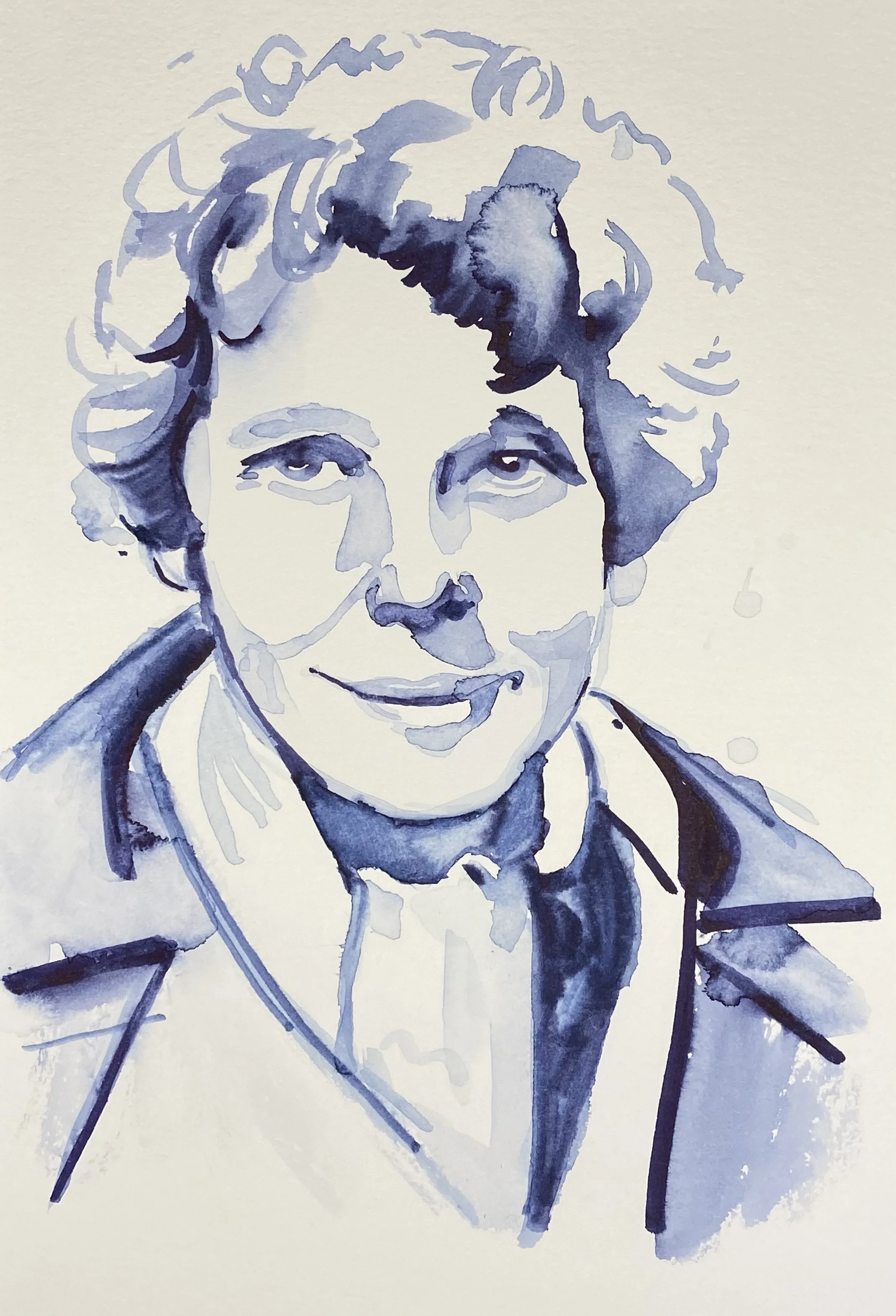 Watercolor portrait of a woman with short, curly hair, wearing a jacket and smiling gently.