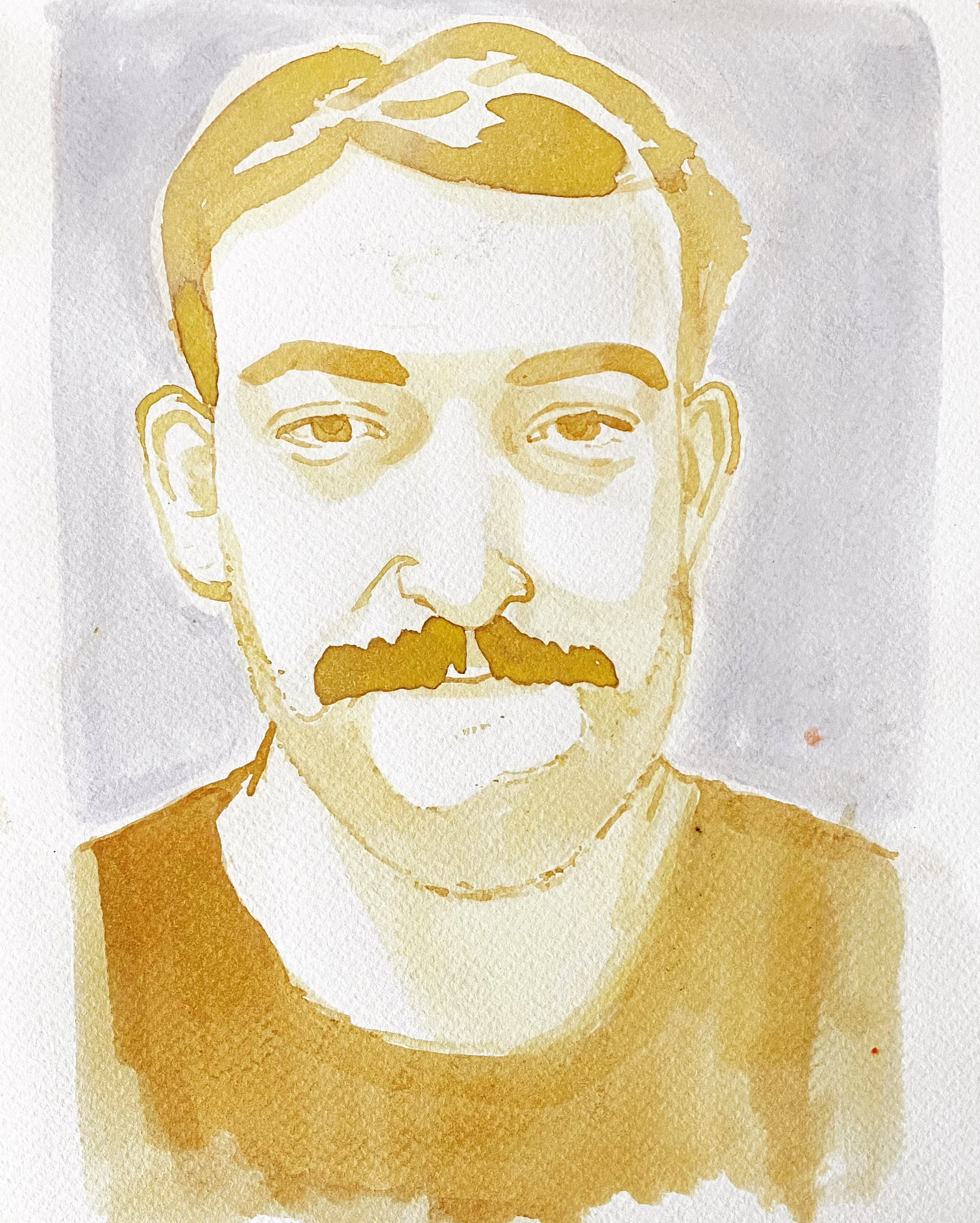 Watercolor portrait of a man with a mustache, short hair, and a serious expression, wearing a dark shirt, on a light background.