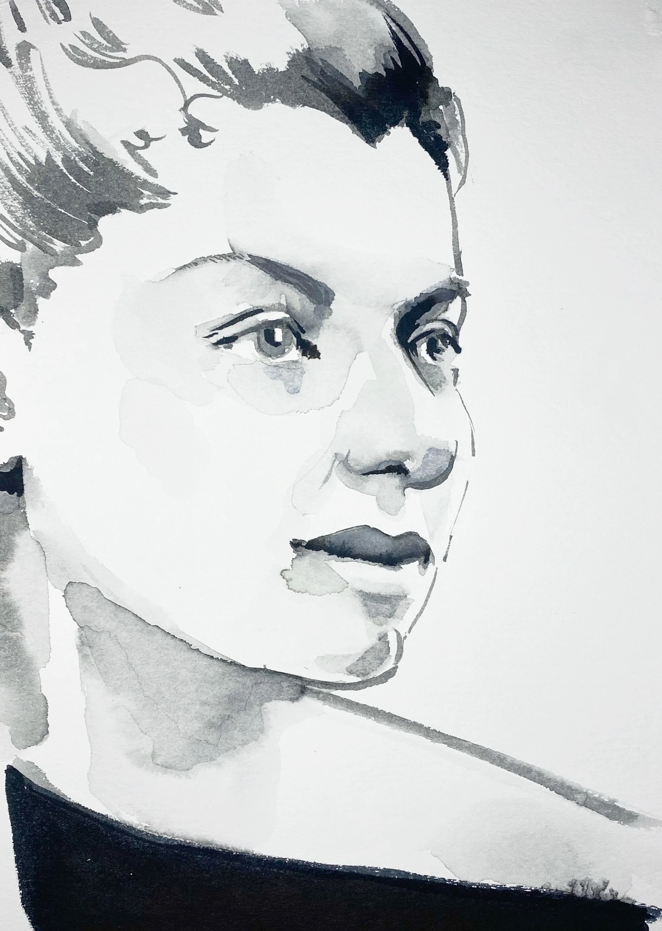 Black and white watercolor portrait of a woman with short hair, gazing to the right.