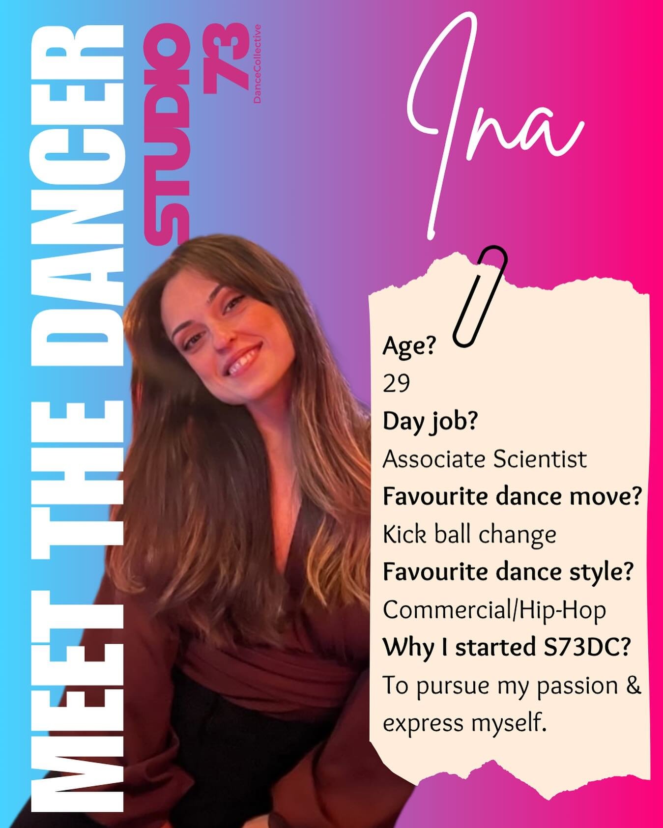 MEET THE DANCER SERIES : INA 🫶🏼
Our new series where we introduce you to some of our lovely students here at Studio 73 Dance Collective🩵🩷

Ina is not only a student here but also one of our dance teachers!✨ Lab coat by day👩🏻&zwj;🔬&hellip;throw