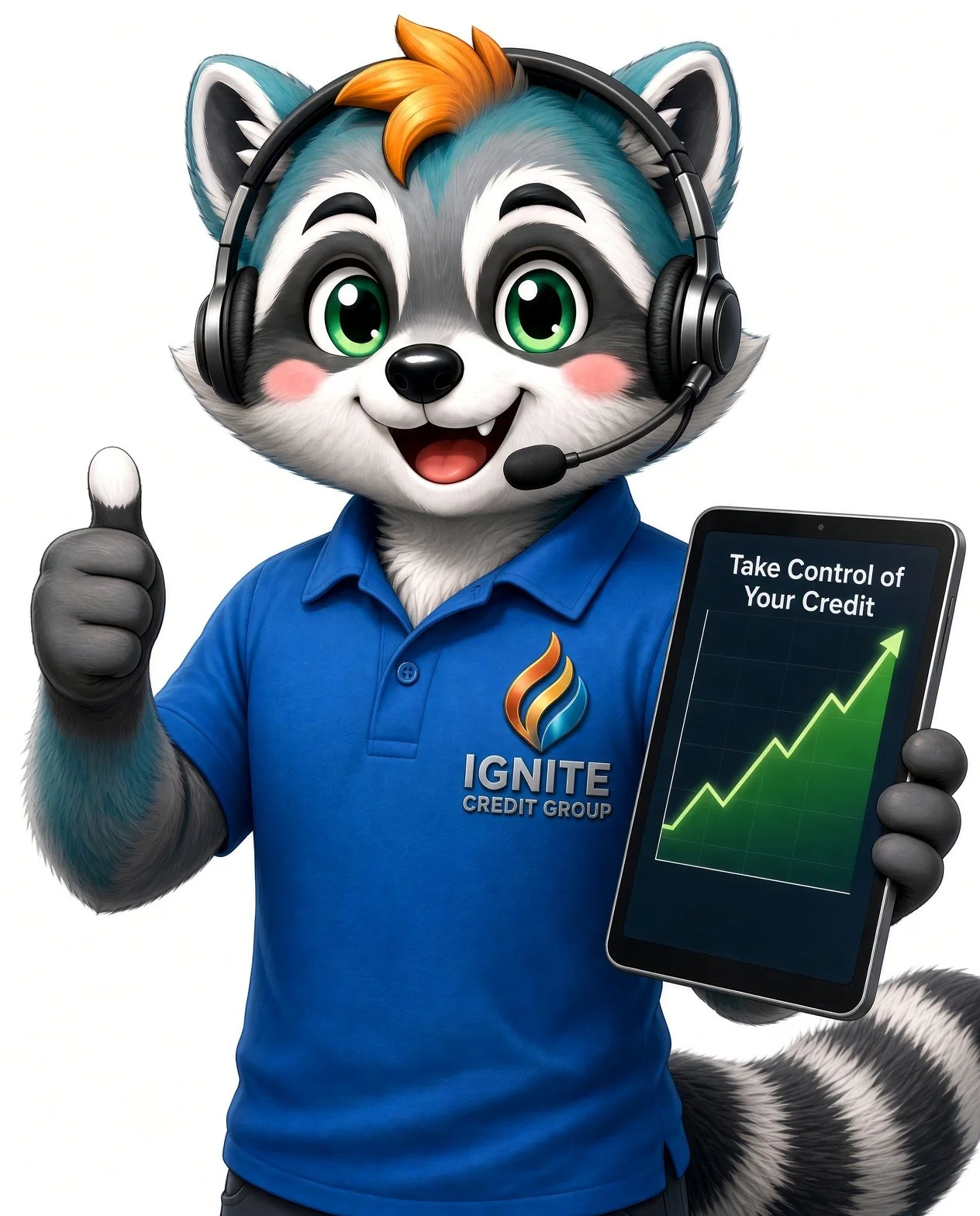 Ignite Credit Group raccoon mascot giving a thumbs up and holding a tablet that reads Take Control of Your Credit