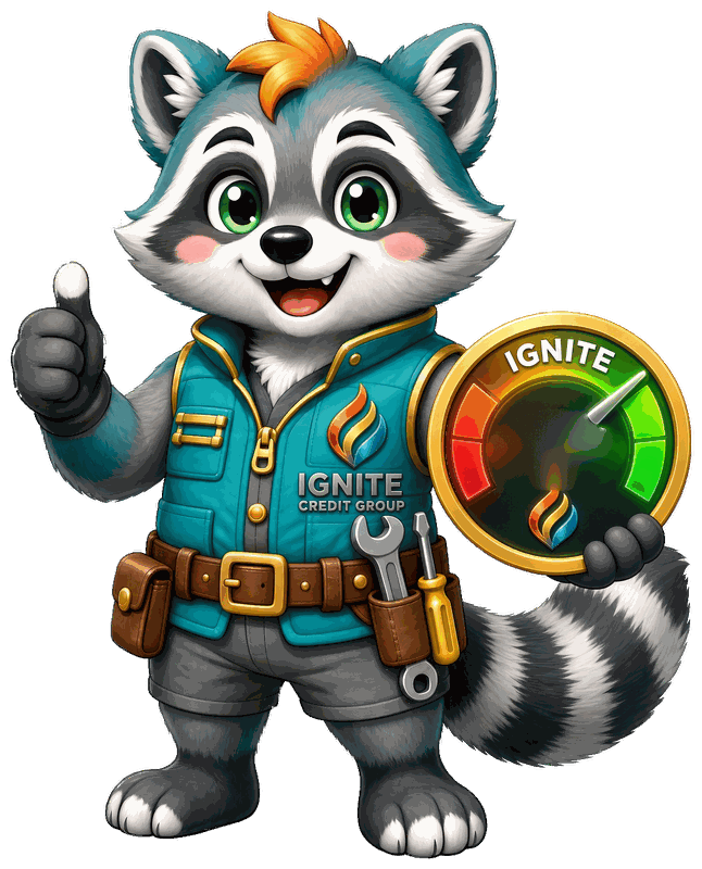 Ignite Credit Group raccoon mascot giving a thumbs up and holding a credit gauge