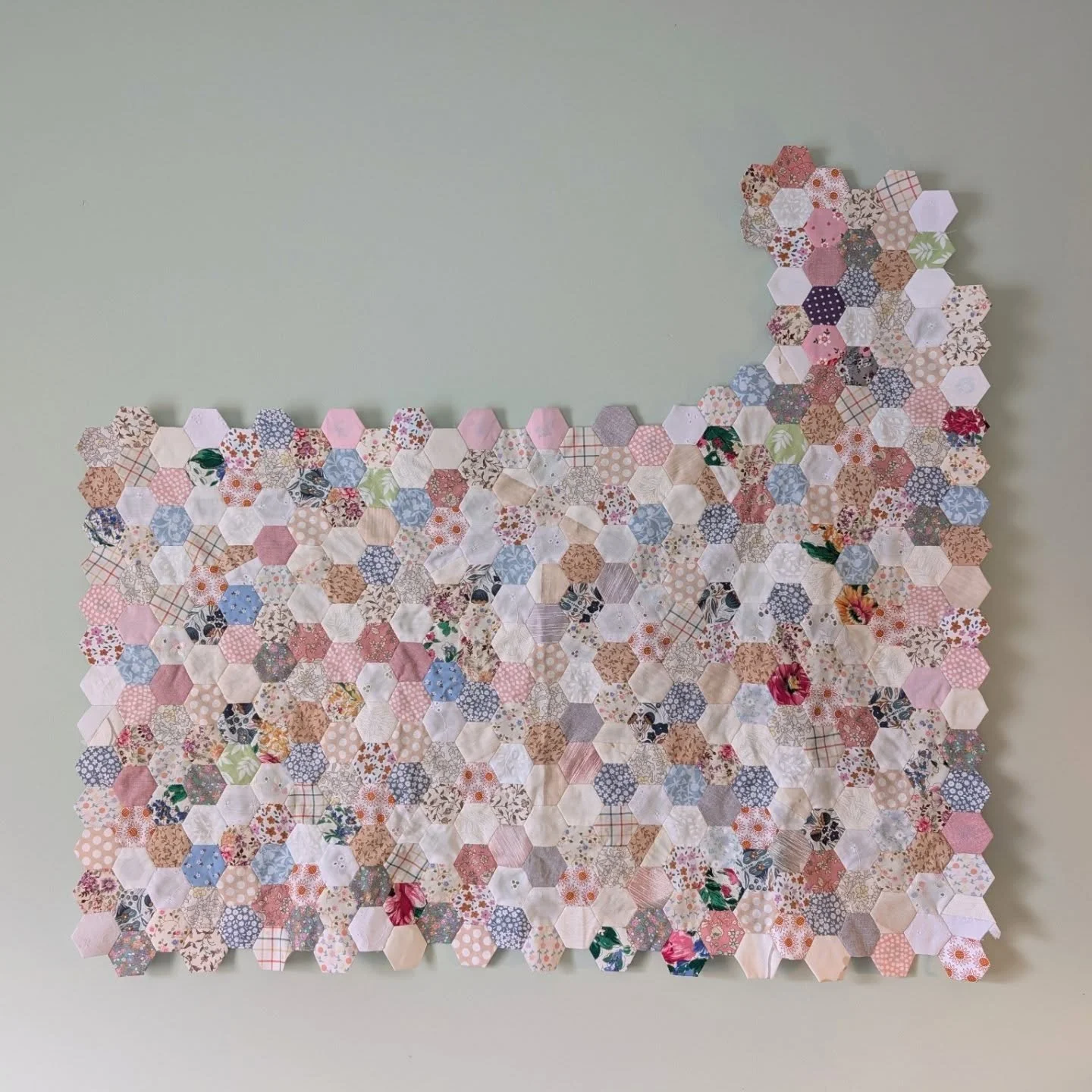 About a year ago I started the massive project of an English paper piece hexie quilt, with the catch that each hexagon in my quilt measures just an inch across 😵&zwj;💫

So far I think I've seen together about 400 hexagons, and I've just basted toge