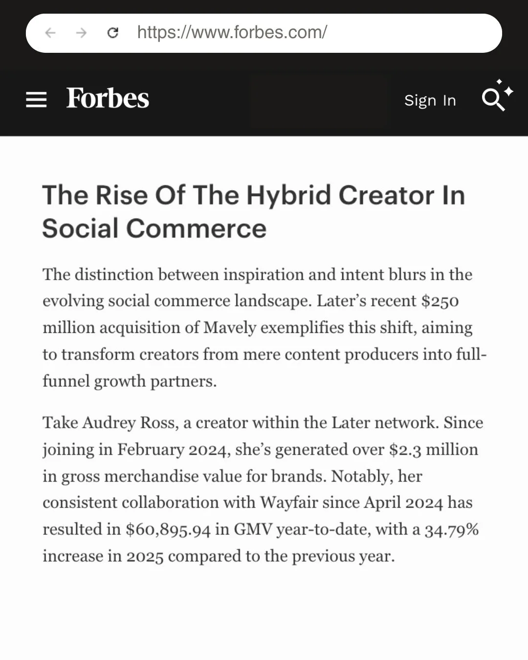 ✨️Big news! Mavely creator Audrey Ross is featured in @forbes for her incredible journey&mdash;since joining in February 2024, she&rsquo;s generated over $2.3 million in sales through Mavely⁠
⁠
Audrey&rsquo;s success showcases the power of authentic,