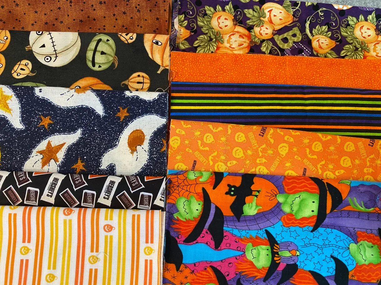 Lot 10 fat eighths Halloween fabric scraps 9” x 21”