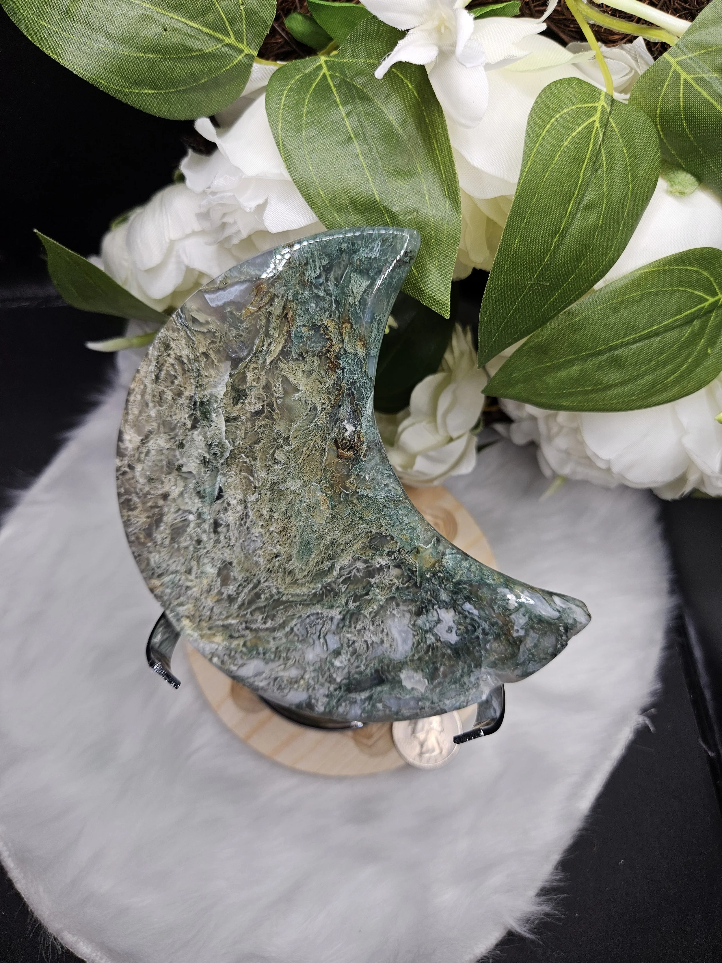 Moss Agate Moon Carving with Stand - 1 of 3 Green Feathers, Minimal Druzy