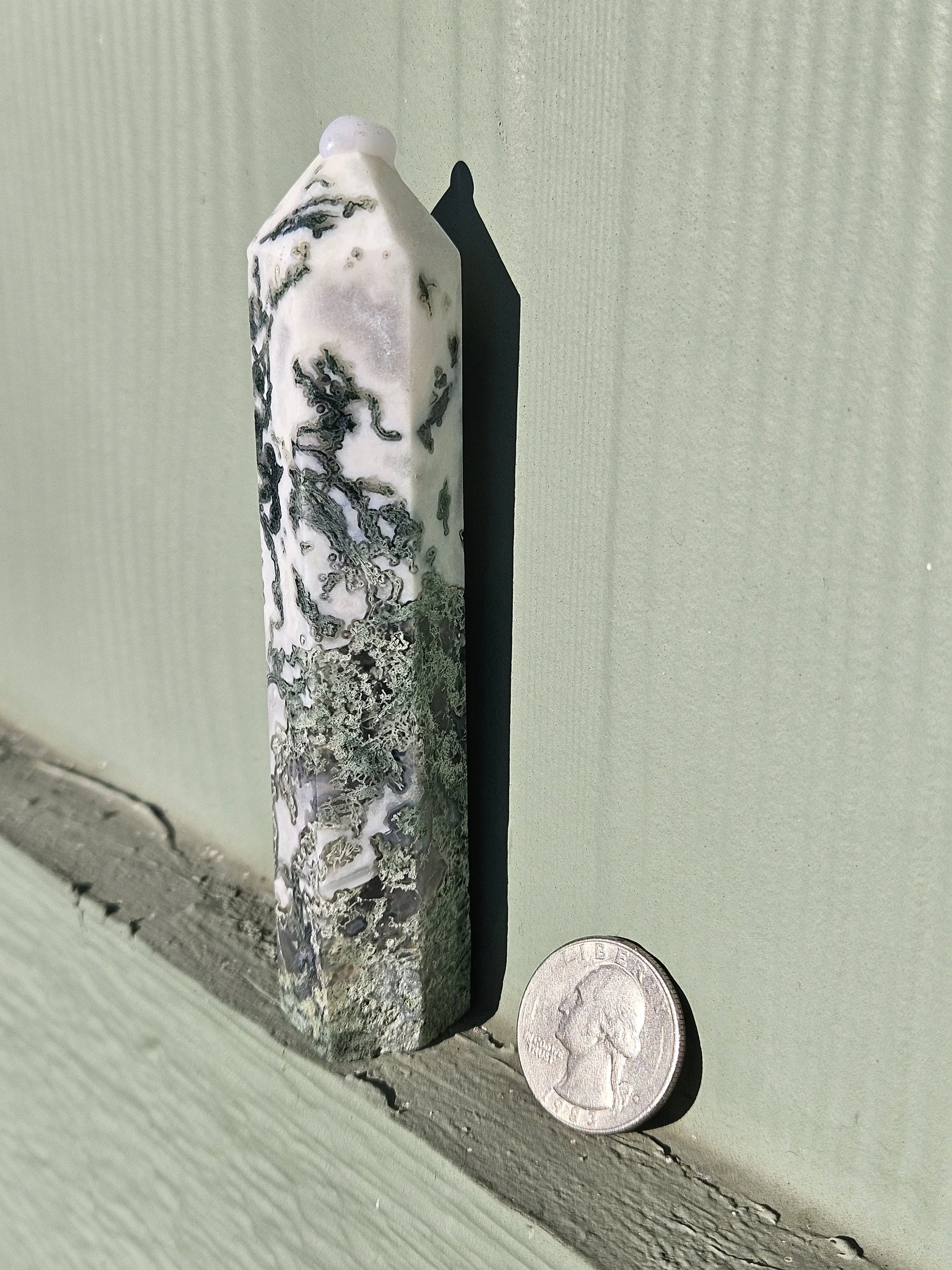 Moss Agate Tower - Blue Green Veins, Minimal White