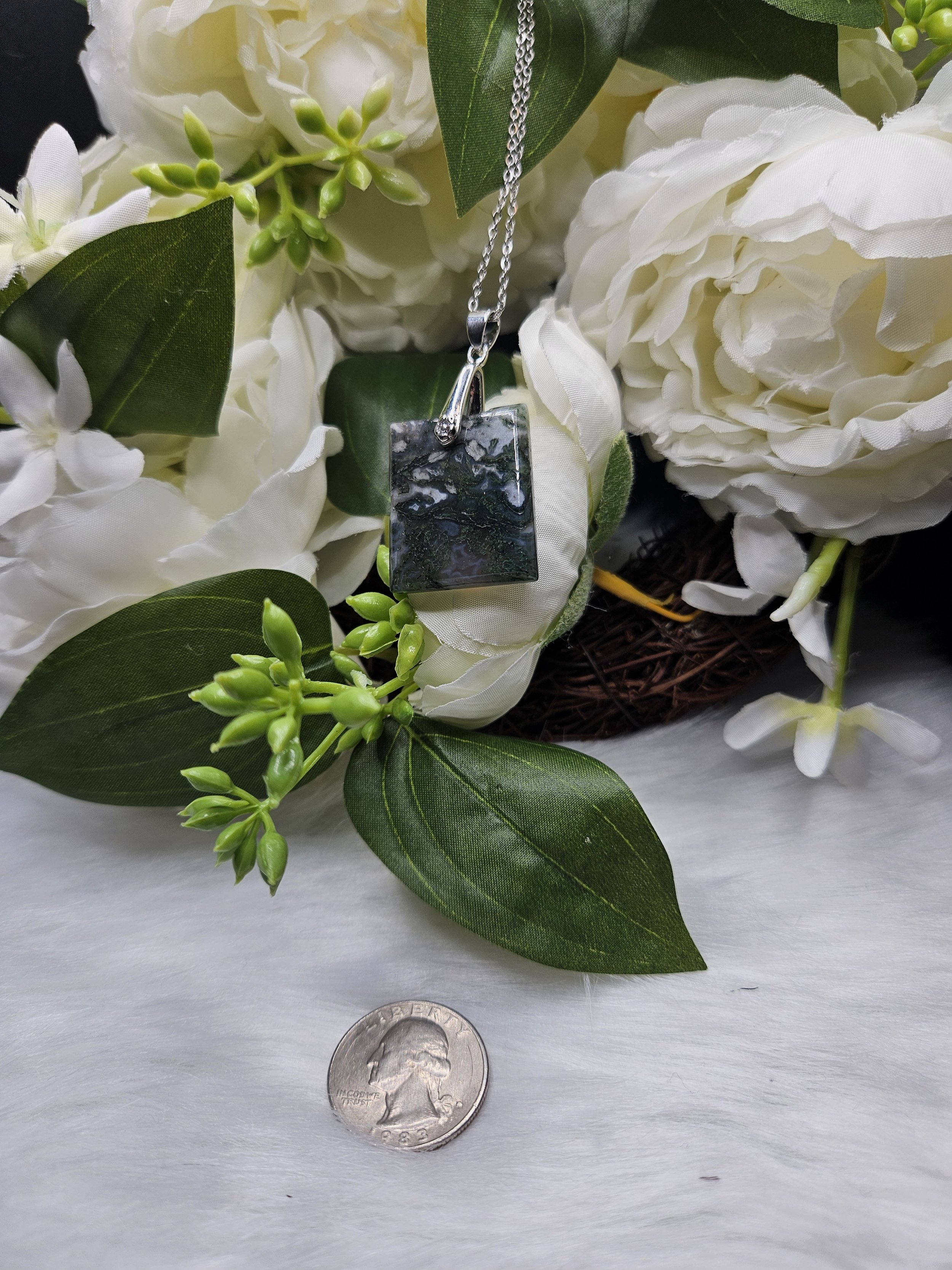 Moss Agate Rectangle on Stainless-Steel - Blue with White, Dark Moss