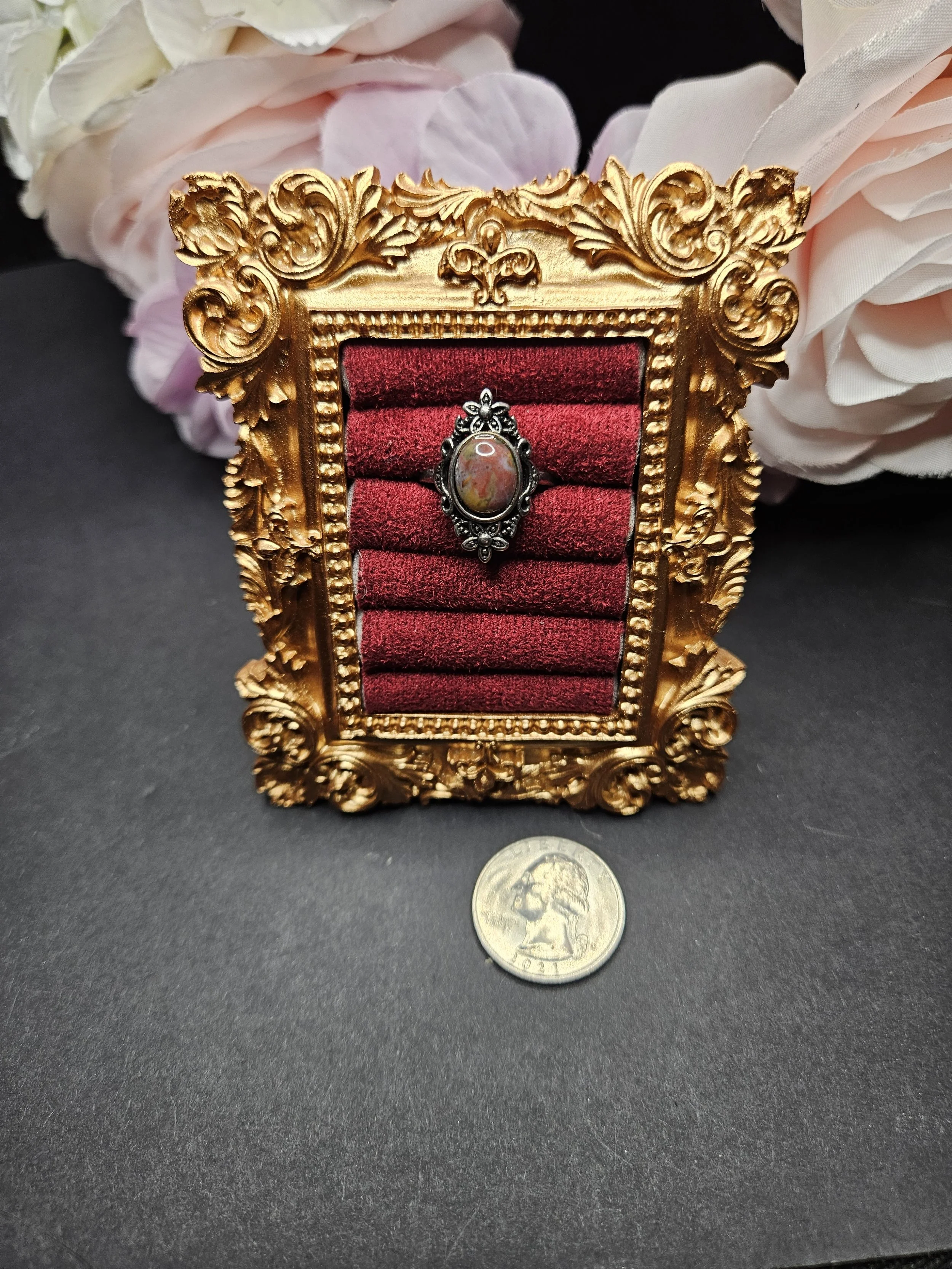 Vintage Inspired Adjustable Ring - Ocean Jasper, Pink Toned