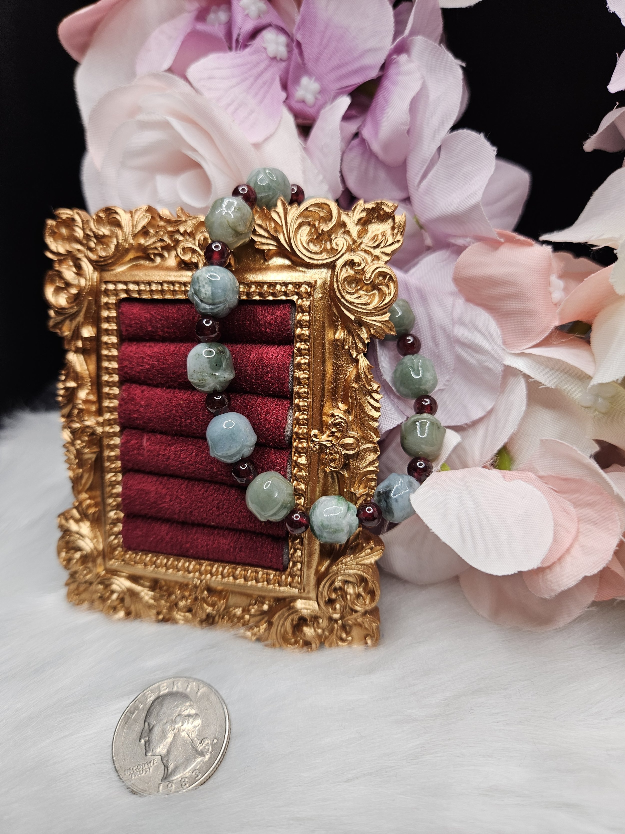 Jadeite Roses with Garnet Beaded Bracelet