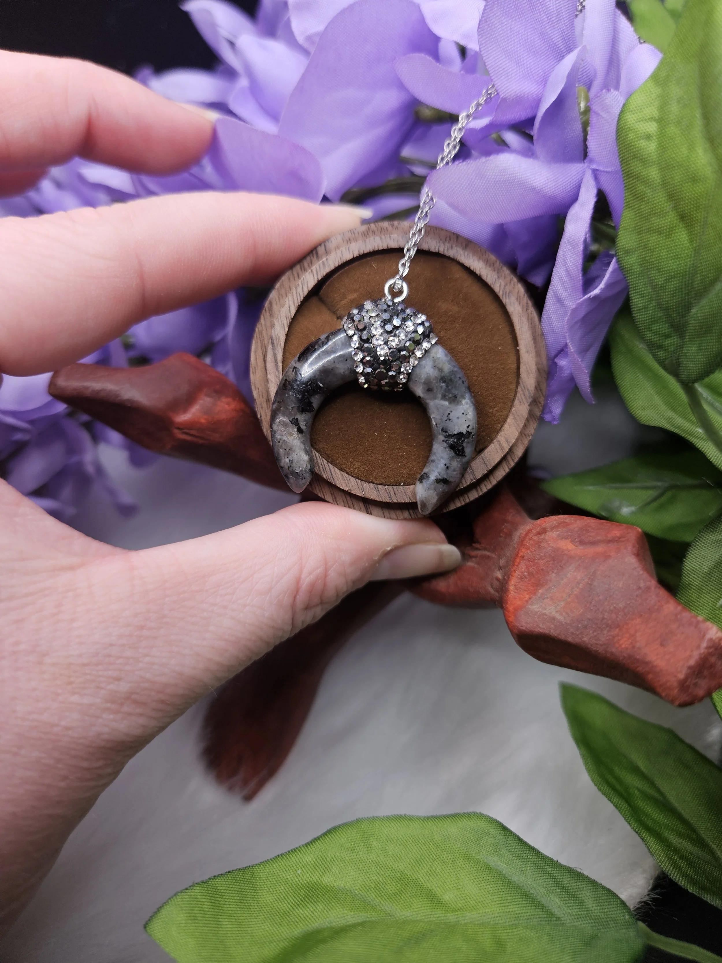 Larvikite Moon Pendant Necklace with DIY Sparkles