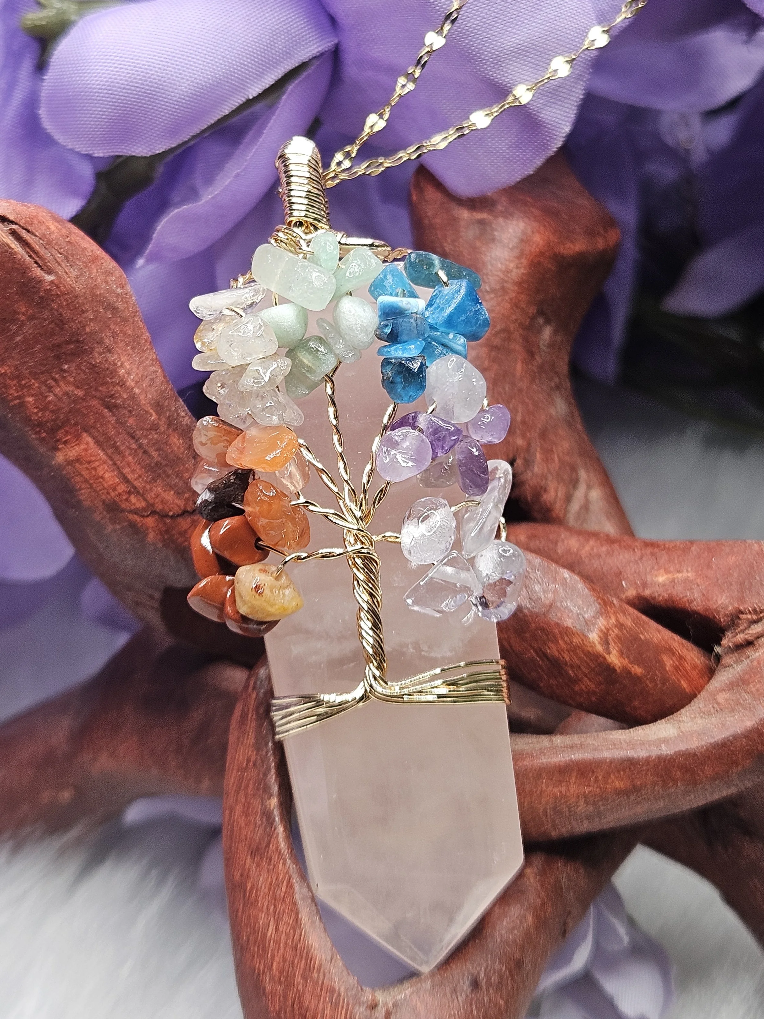 Rose Quartz Wire Wrapped Tree of Life Chakra Pendant