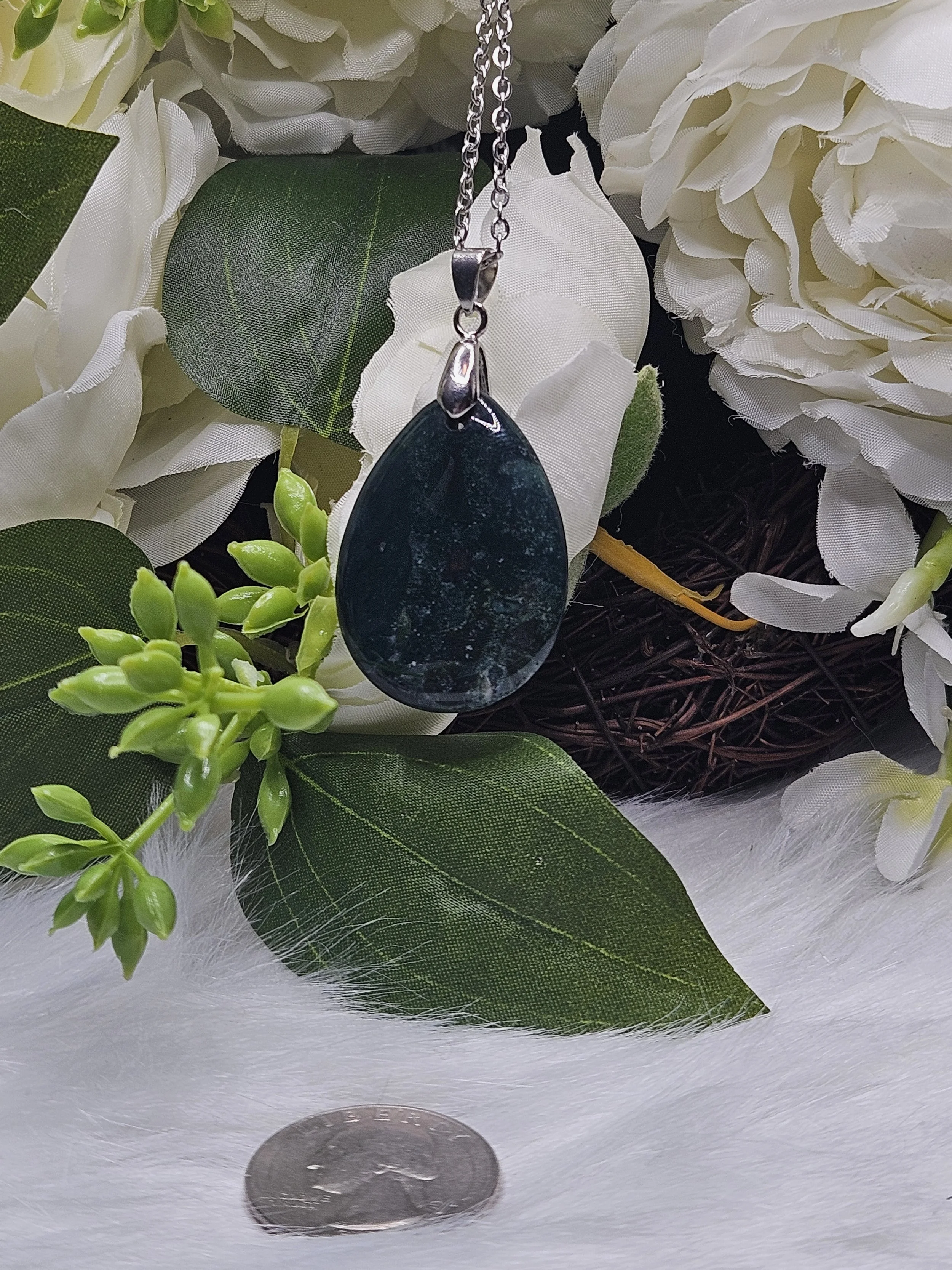 Moss Agate Teardrop on Stainless-Steel