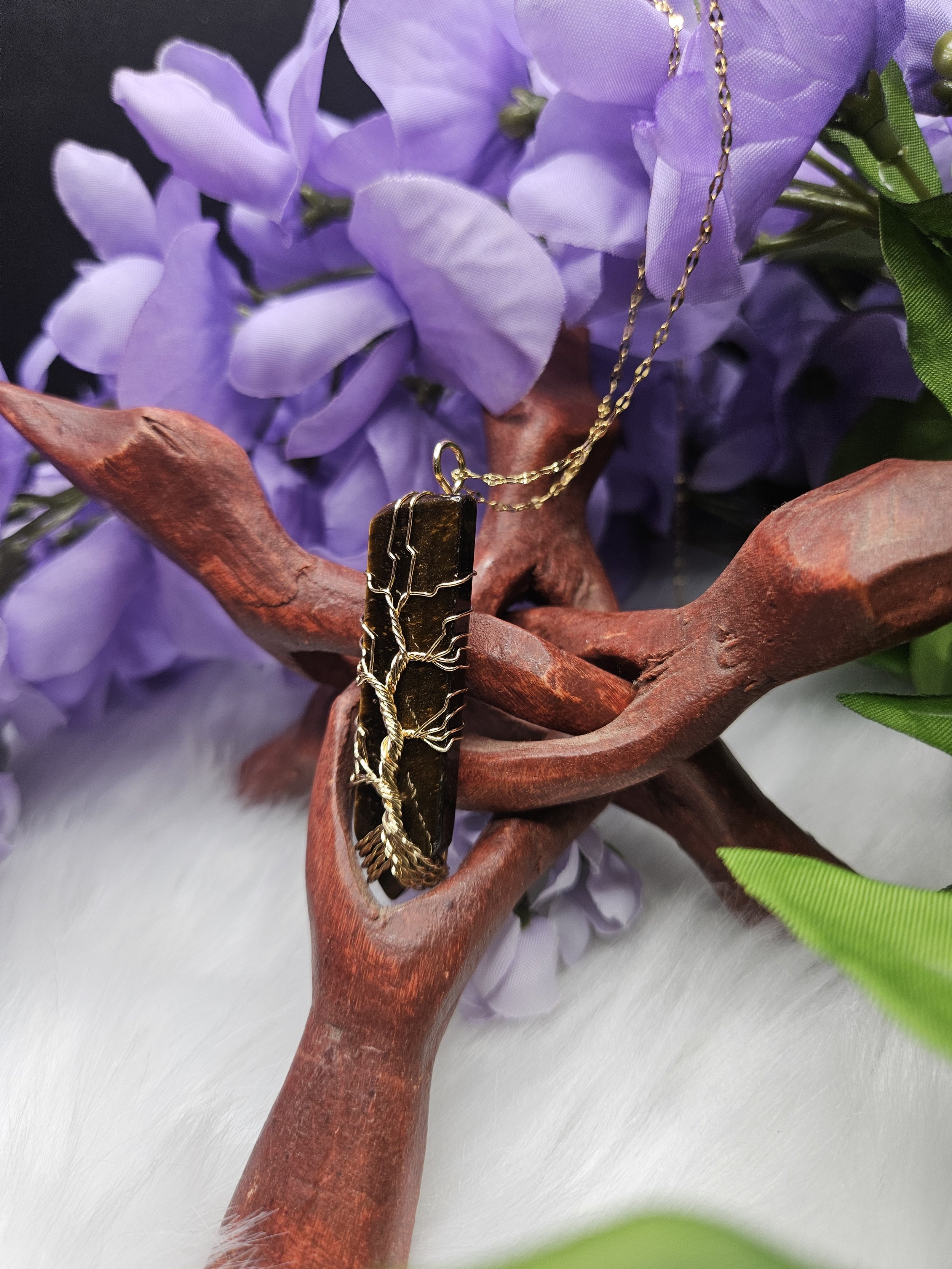 Tigers Eye Yggdrasil Tree Wire Wrap, Golden