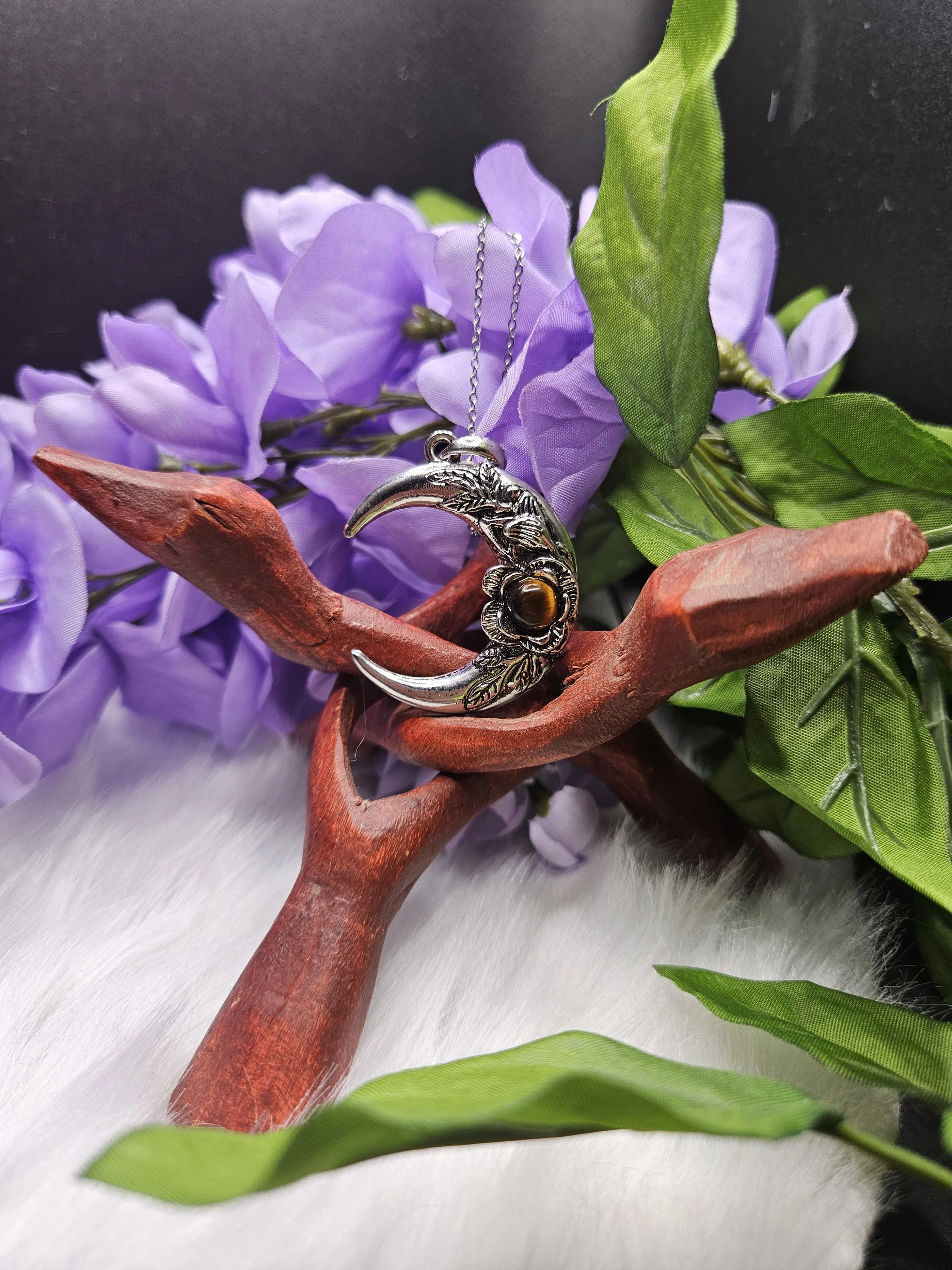 Tigers Eye Crescent Moon with Roses Pendant