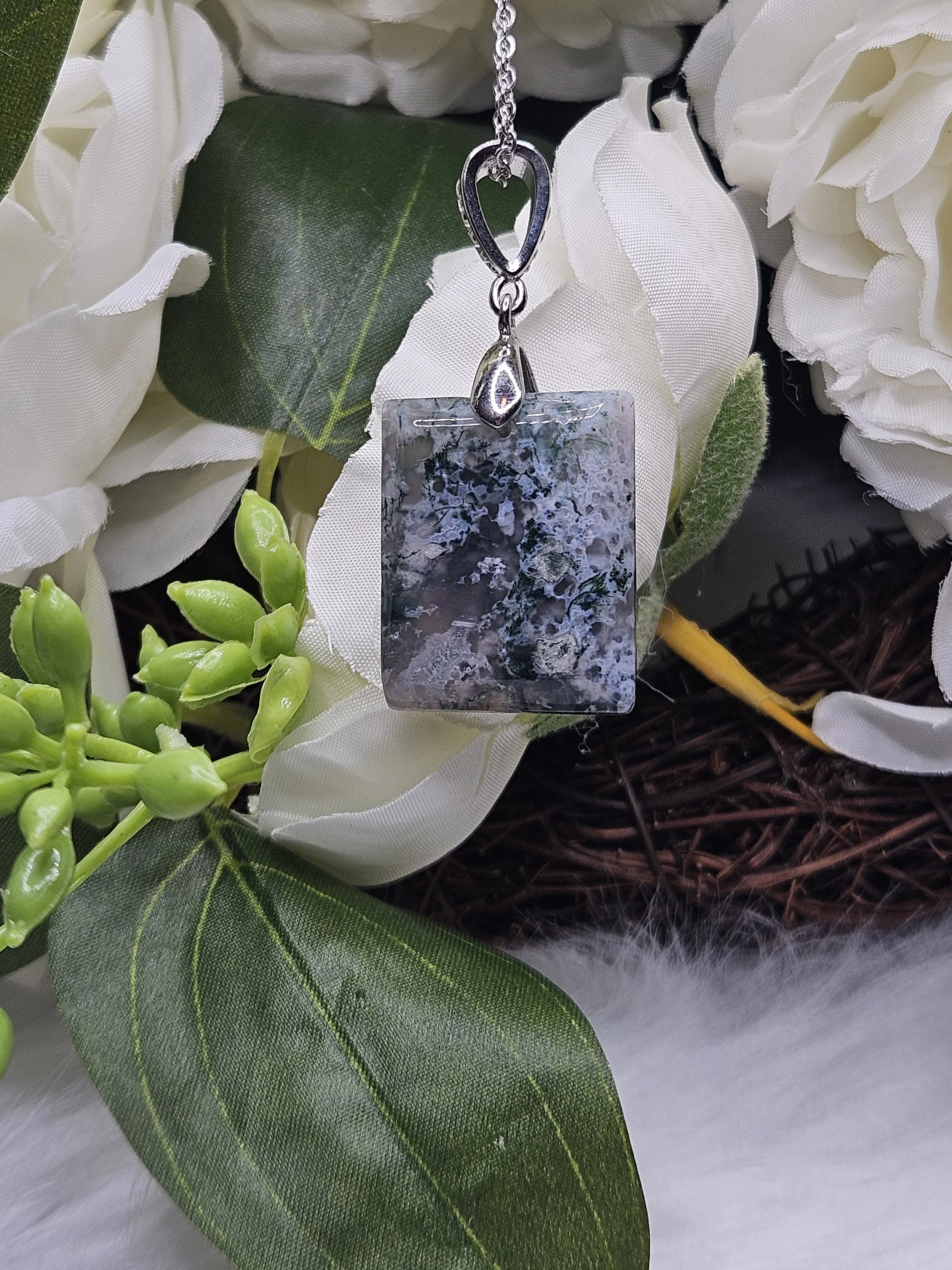 Moss Agate Square on Stainless-Steel - Translucent and Druzy