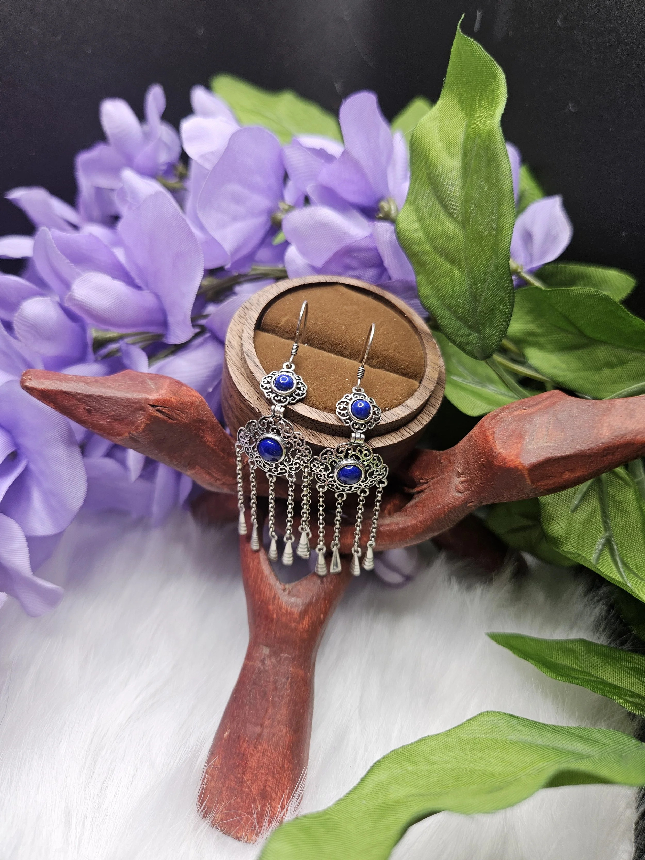 Lapis Lazuli Boho Style Dangle Earrings, S925