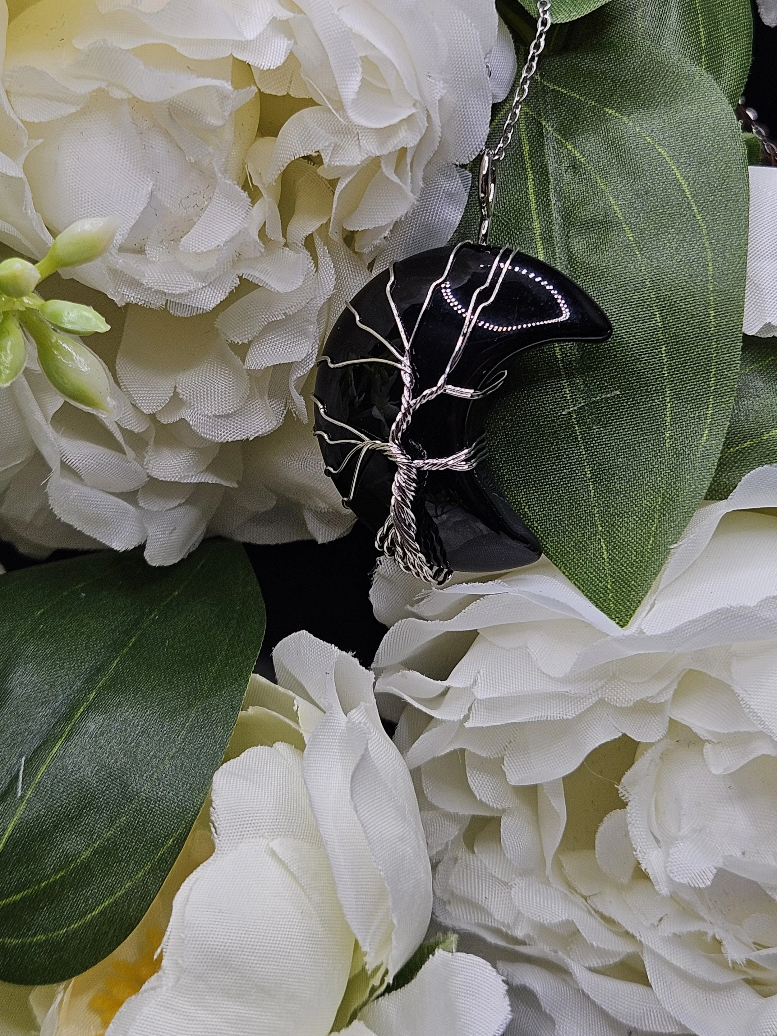Wire Wrapped Tree on Obsidian Moon Pendant Necklace