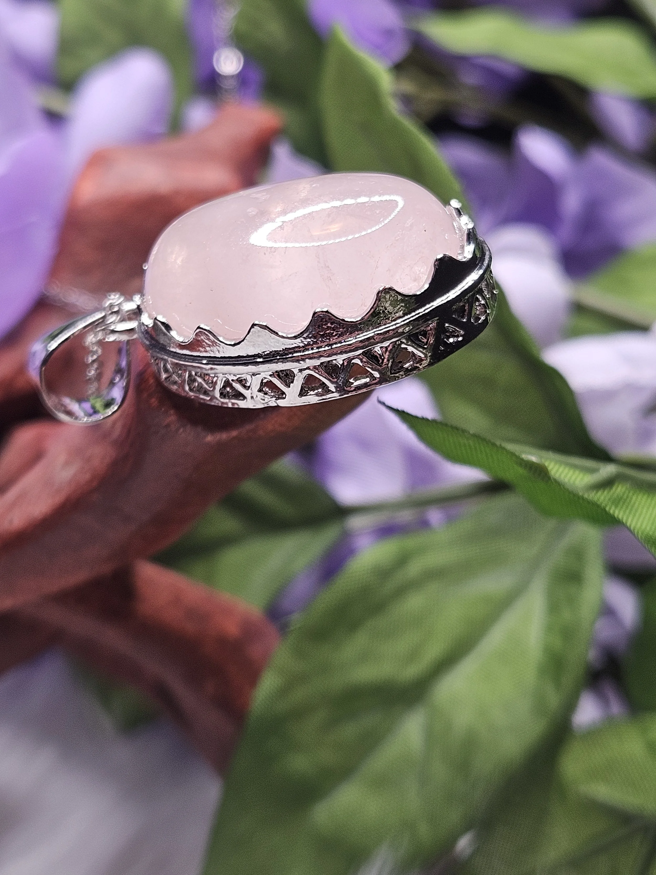 Rose Quartz Oval with Silver Plated Vintage Hanging