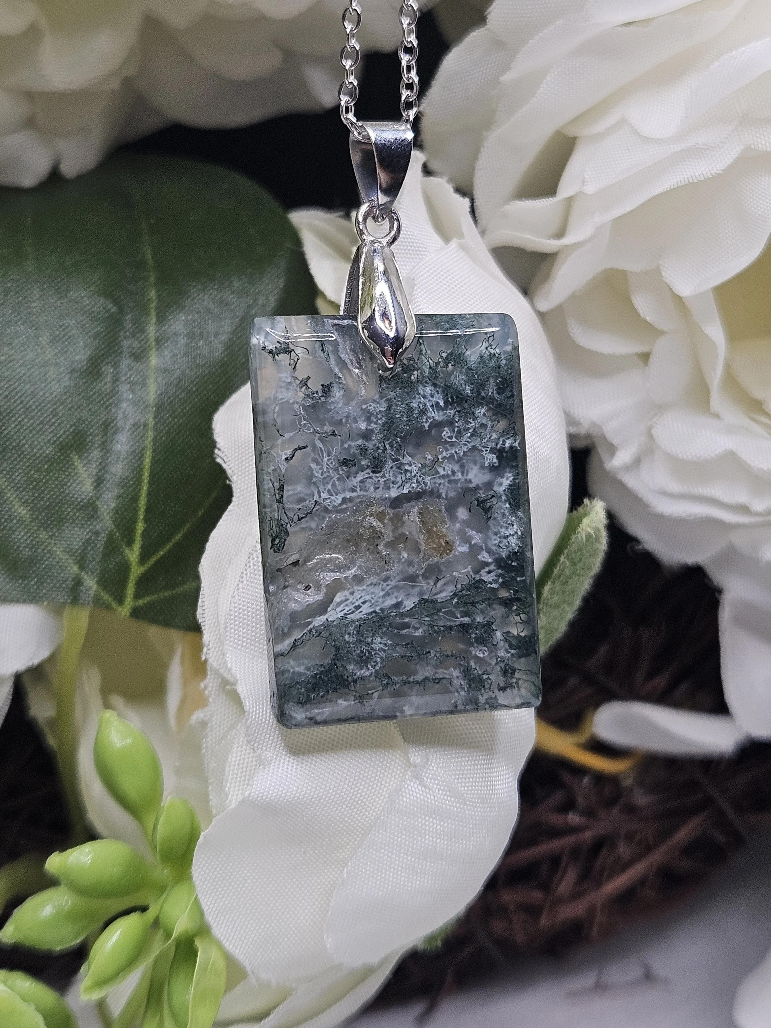 Moss Agate Rectangle on Stainless-Steel - Translucent and Druzy