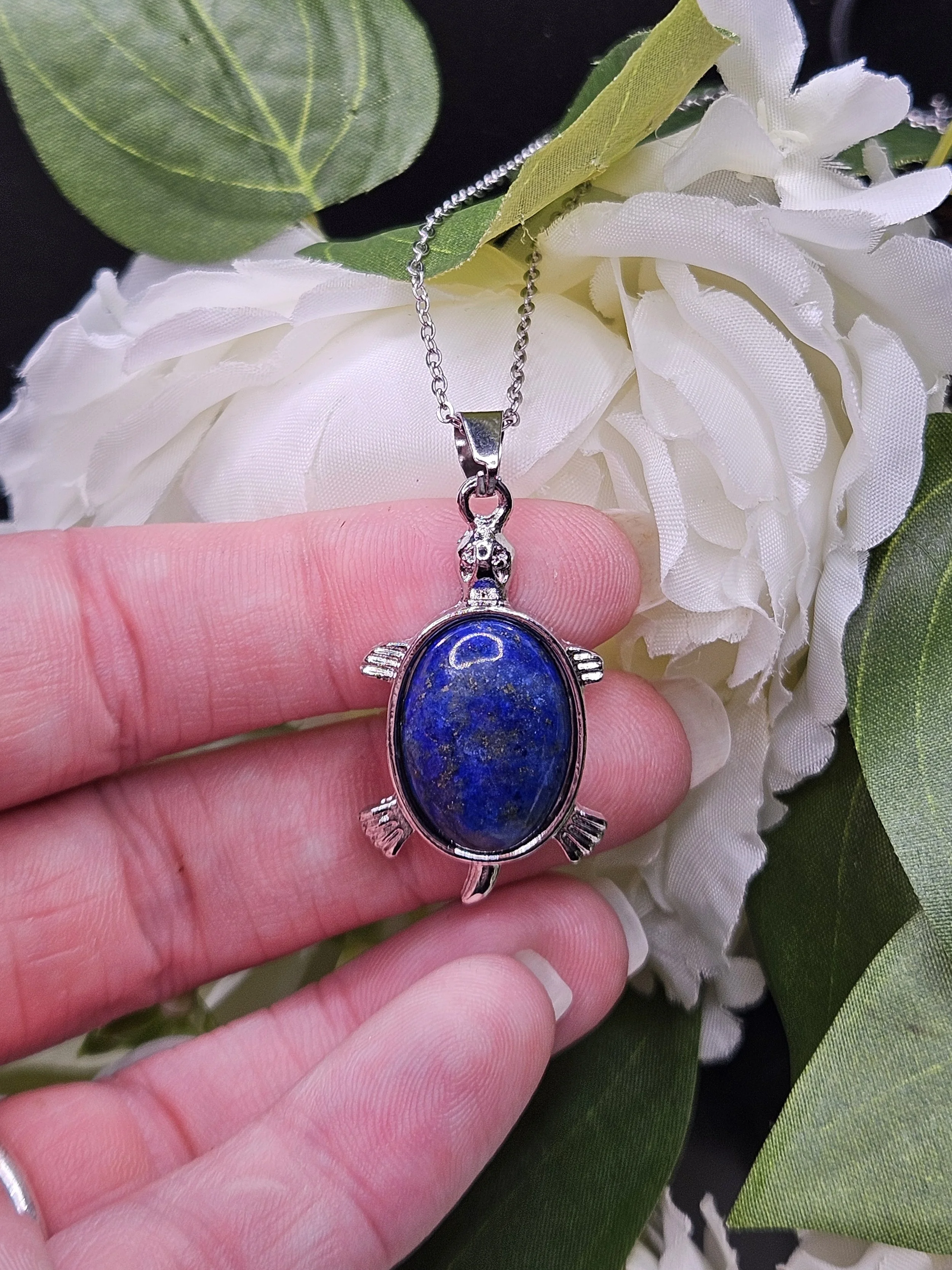 Lapis Lazuli Turtle Pendant Necklace in Silver