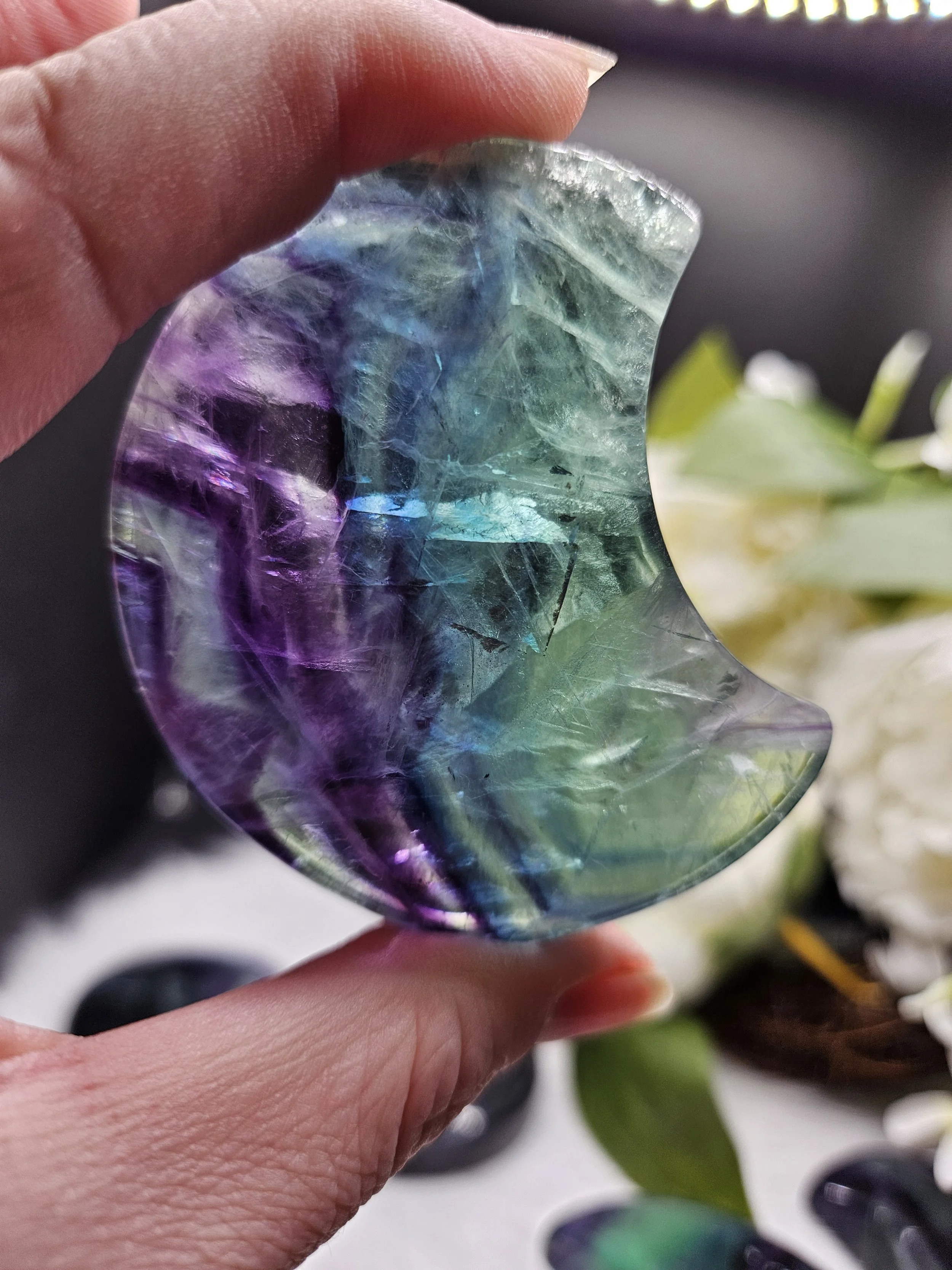 Rainbow Fluorite Moon Carvings - Intuitively Picked