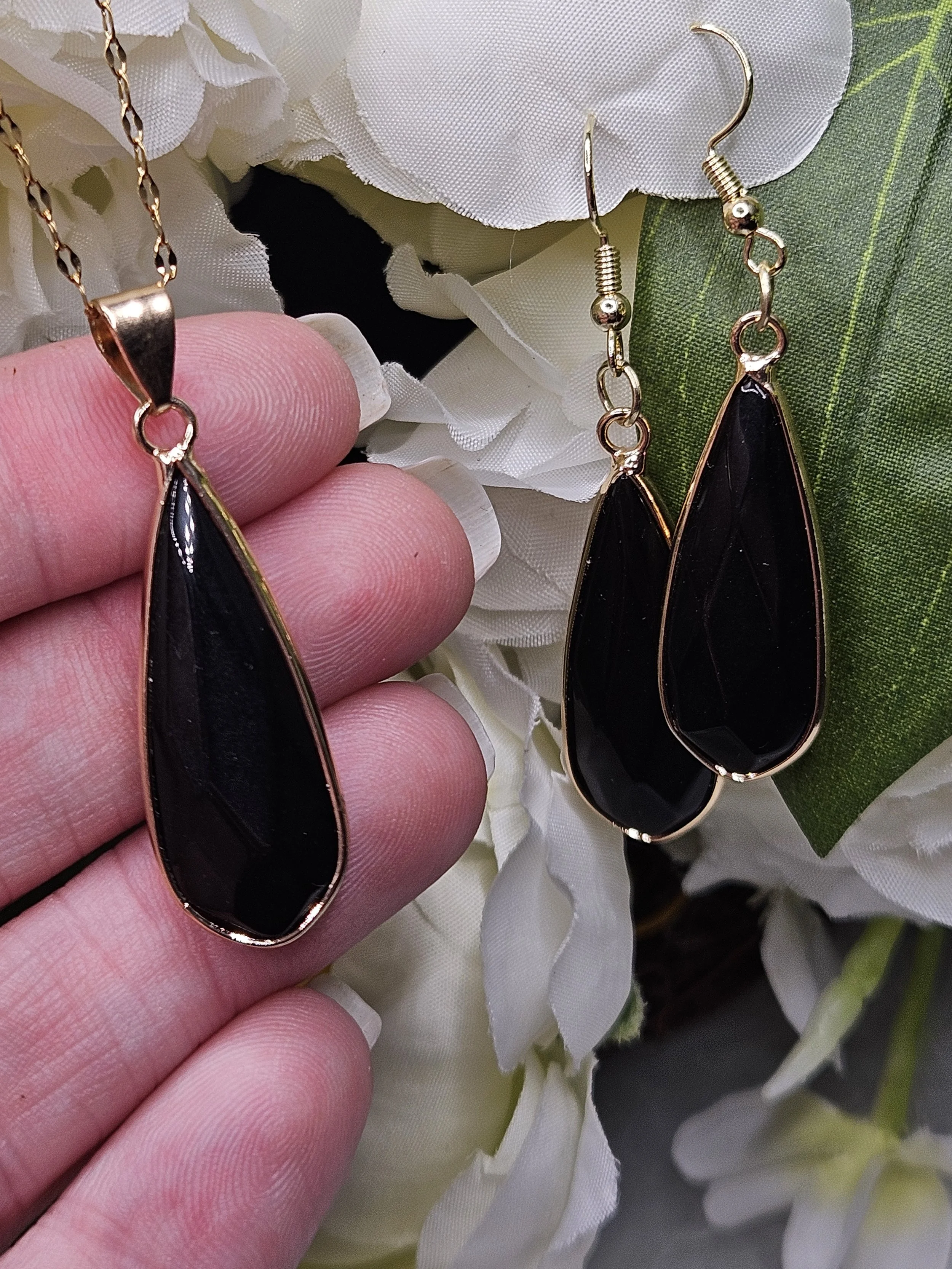 Lightly Faceted Black Obsidian Teardrop Set in Gold - Earrings and Necklace