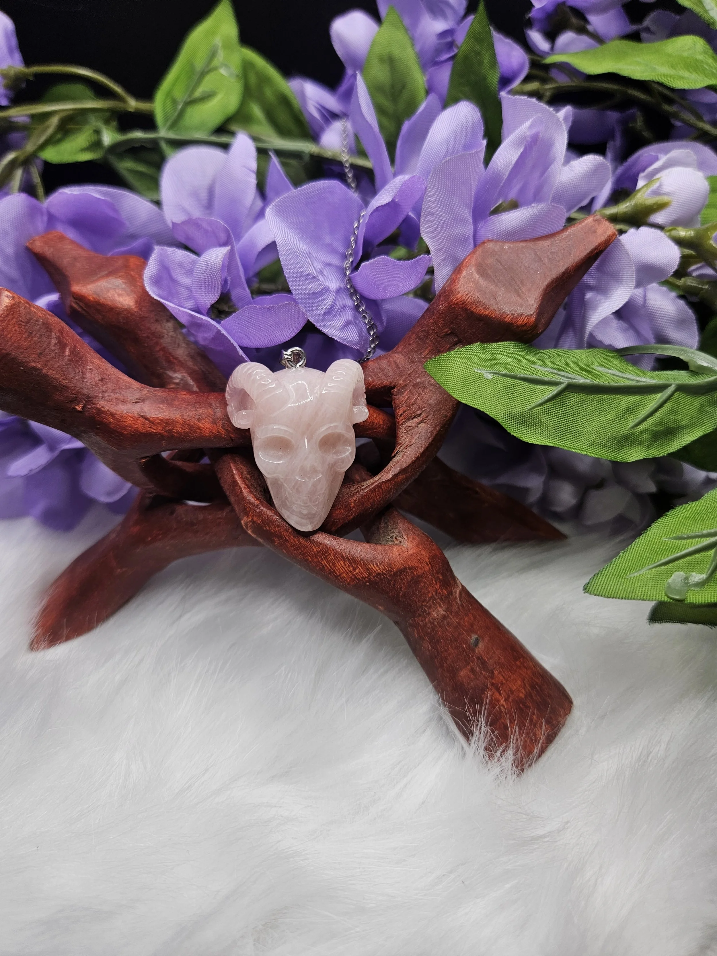 Rose Quartz Skull with Horns Pendant