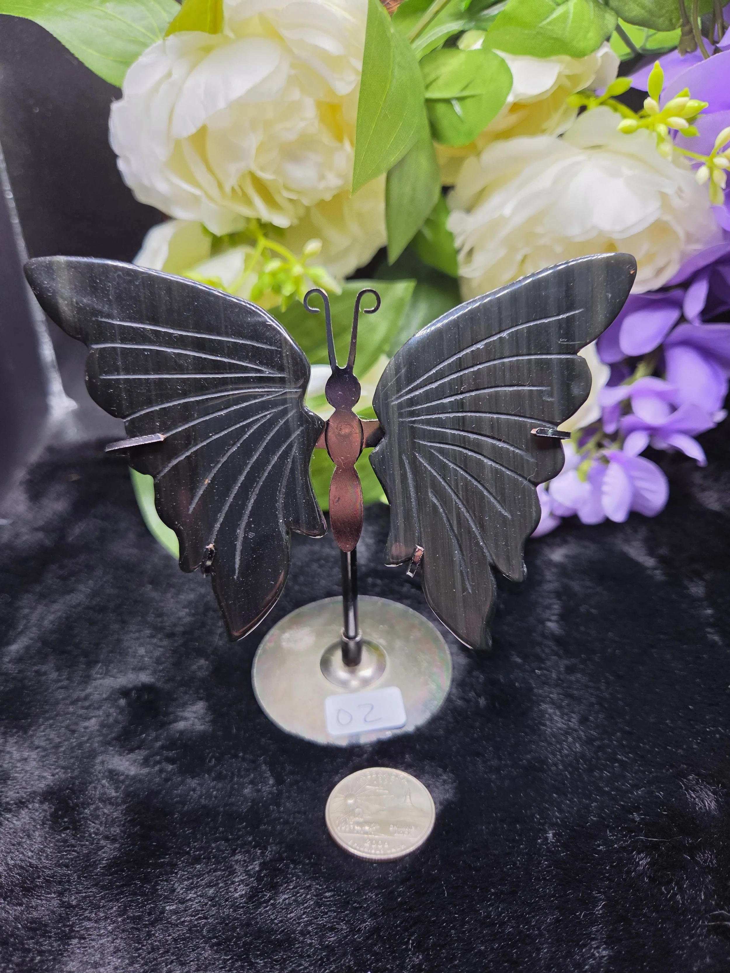 Black Obsidian Butterfly Wings with Stand - O2