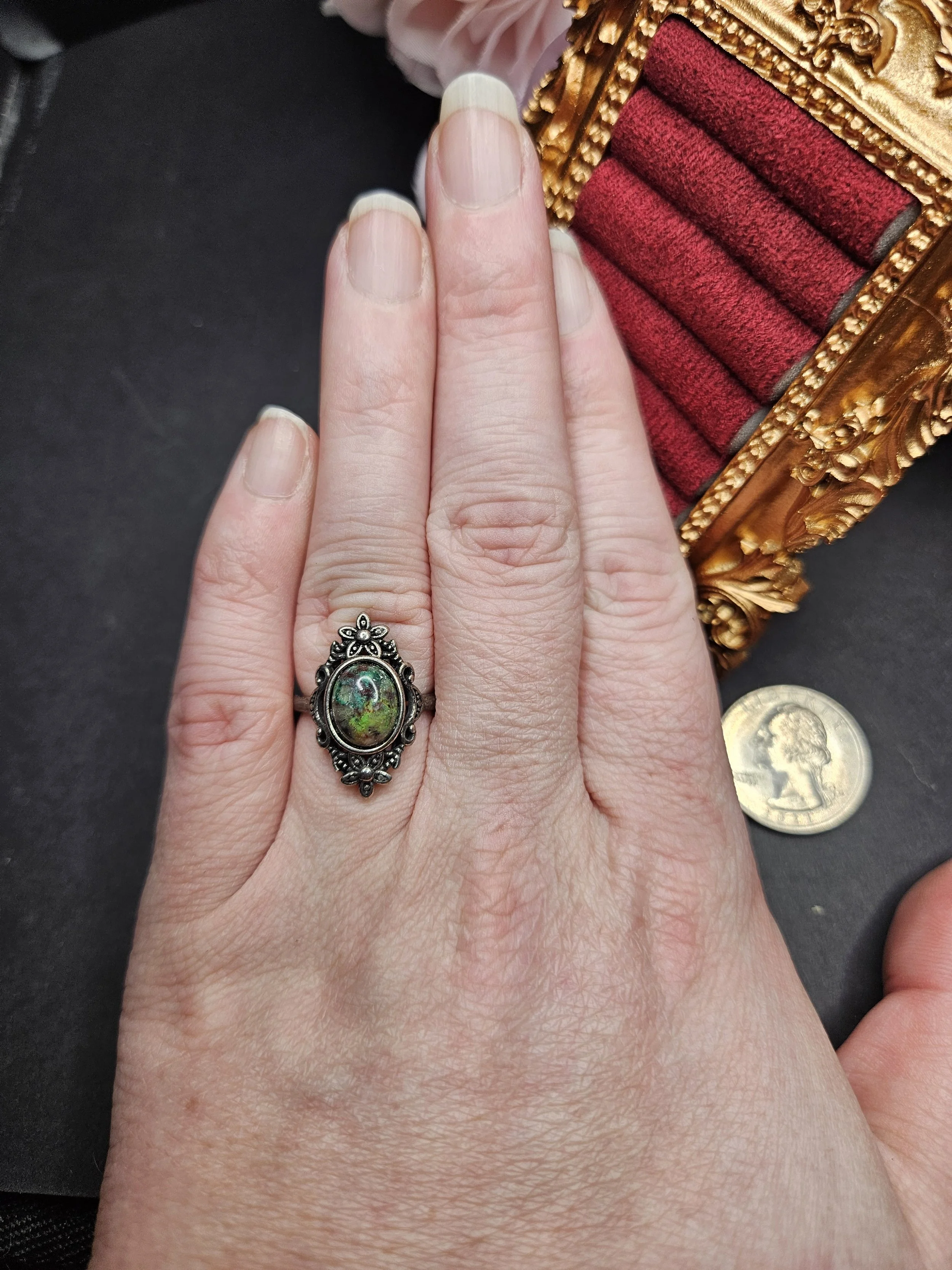 Vintage Inspired Adjustable Ring - Ocean Jasper, Green Toned
