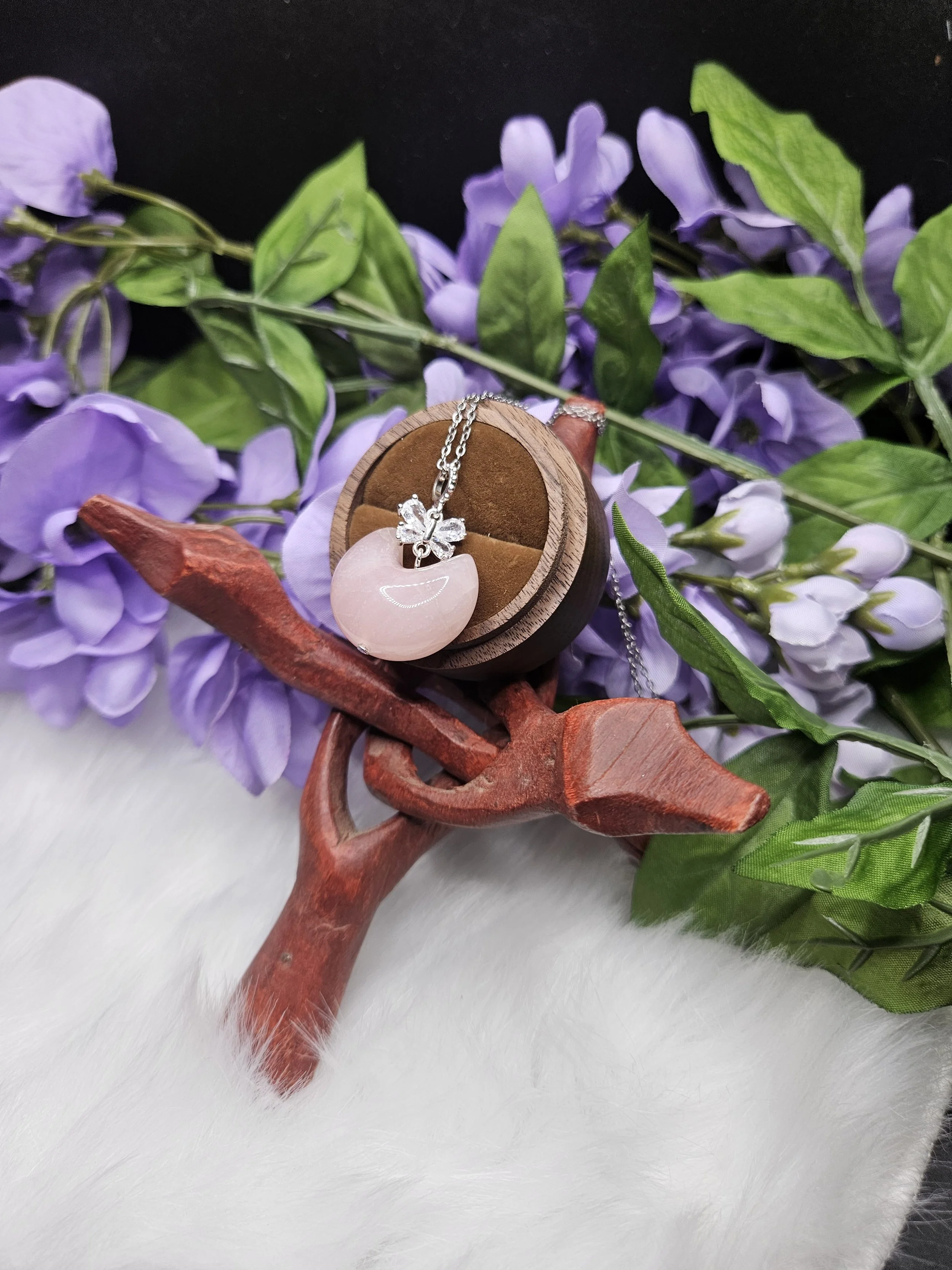 Rose Quartz Moon with Butterfly Hanging