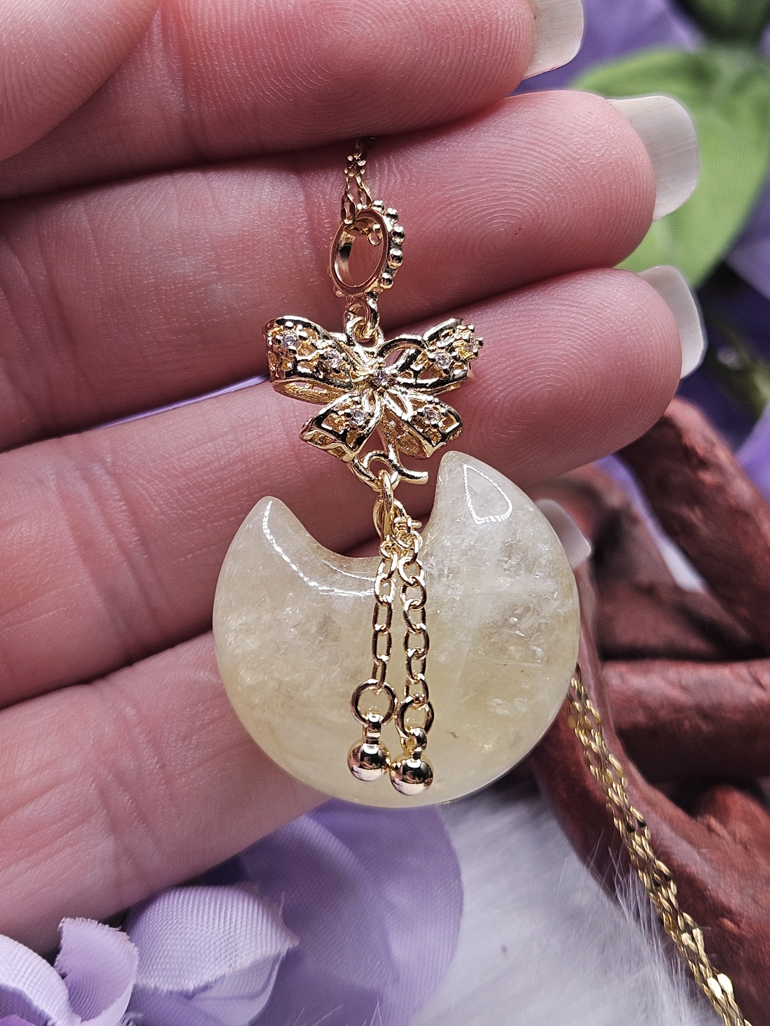 Citrine Moon Pendant with Golden Bow and Dangles