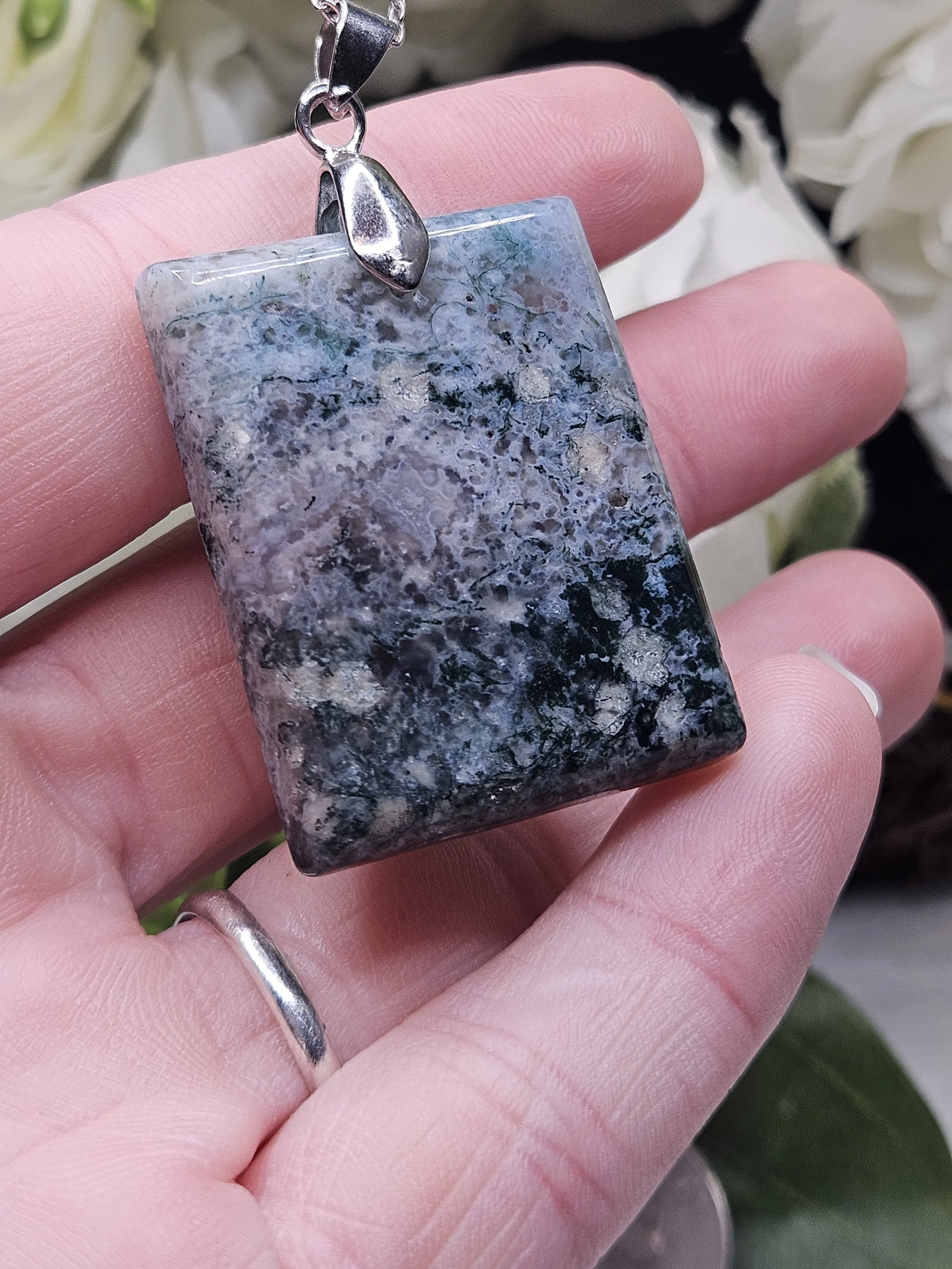 Moss Agate Rectangle on Stainless-Steel - Blue Toned Moss