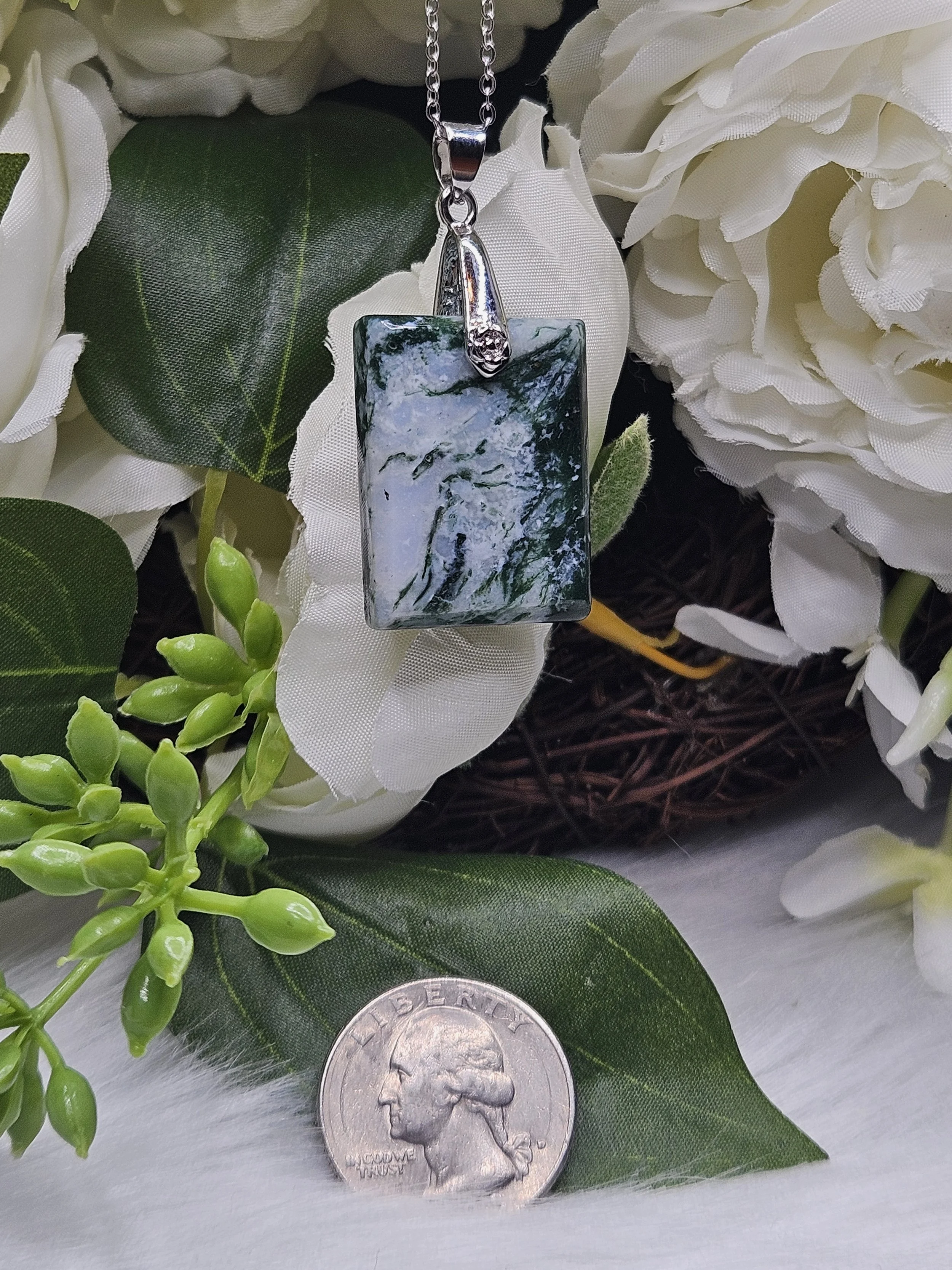 Moss Agate Rectangle on Stainless-Steel - White and Green