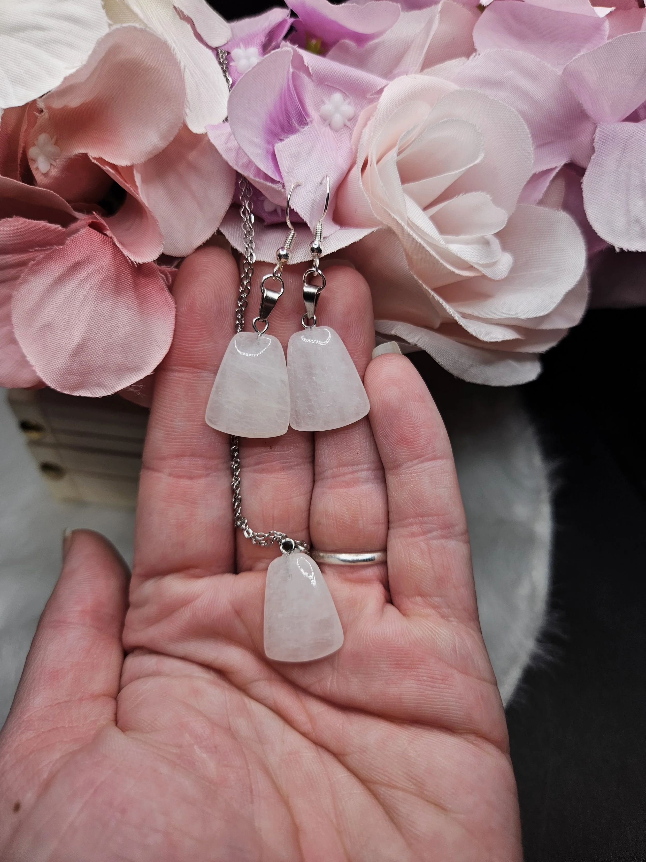 Milky Clear Quartz Fan Set - Earrings and Necklace