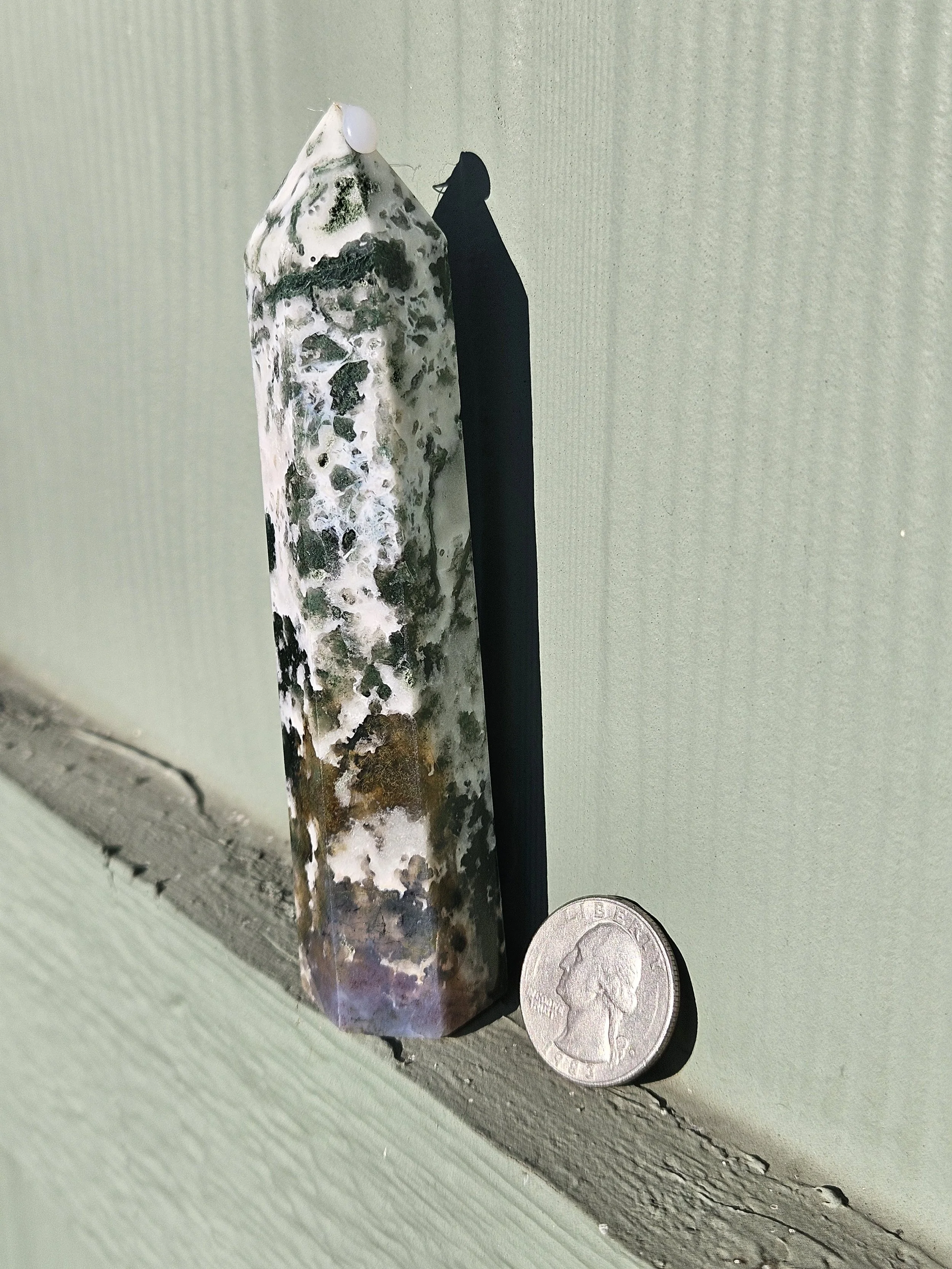 Moss Agate Tower - Green Speckled, Blue Purple Base