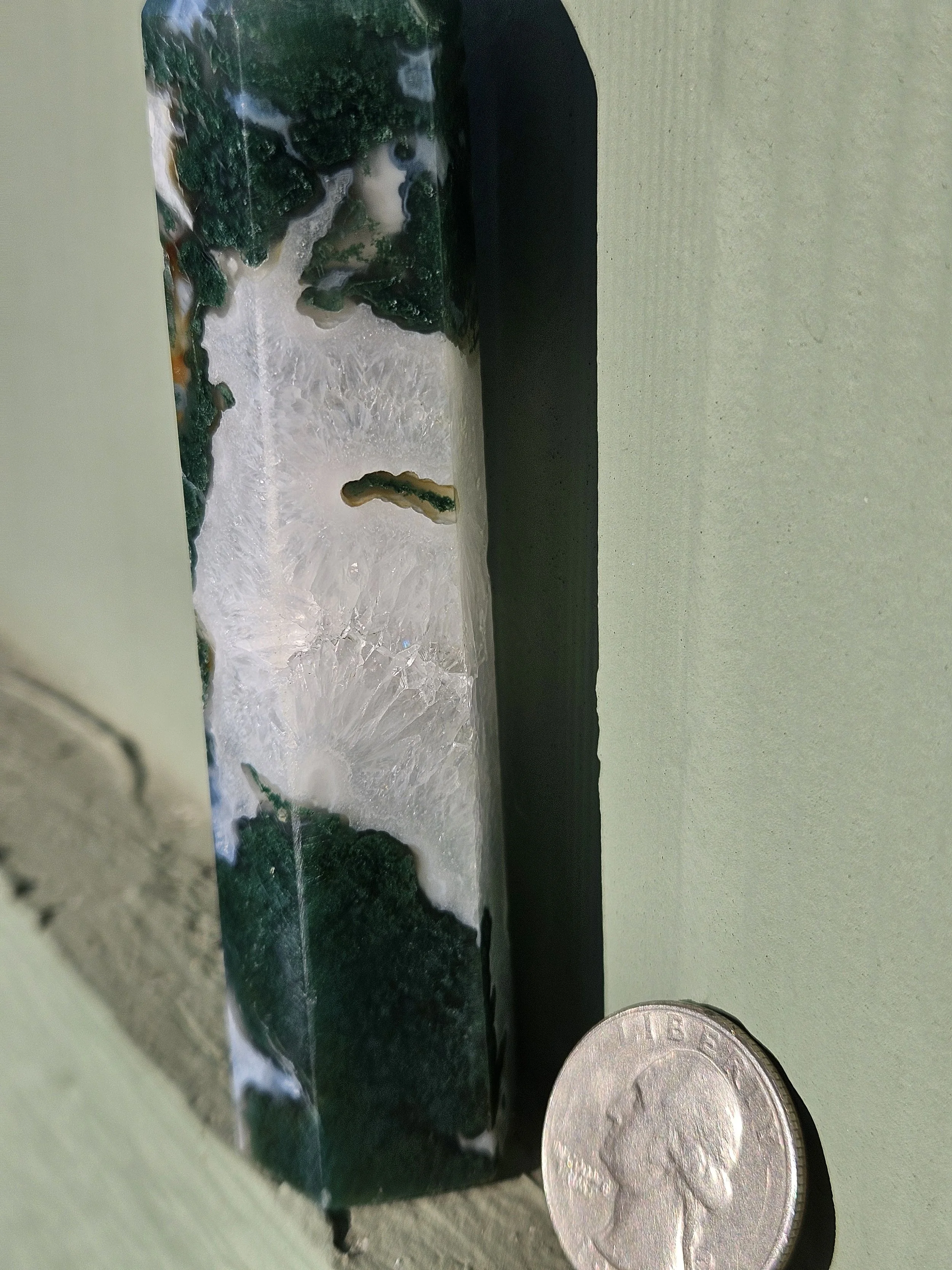 Moss Agate Tower - Dark Green with Rainbow Quartz Inclusions