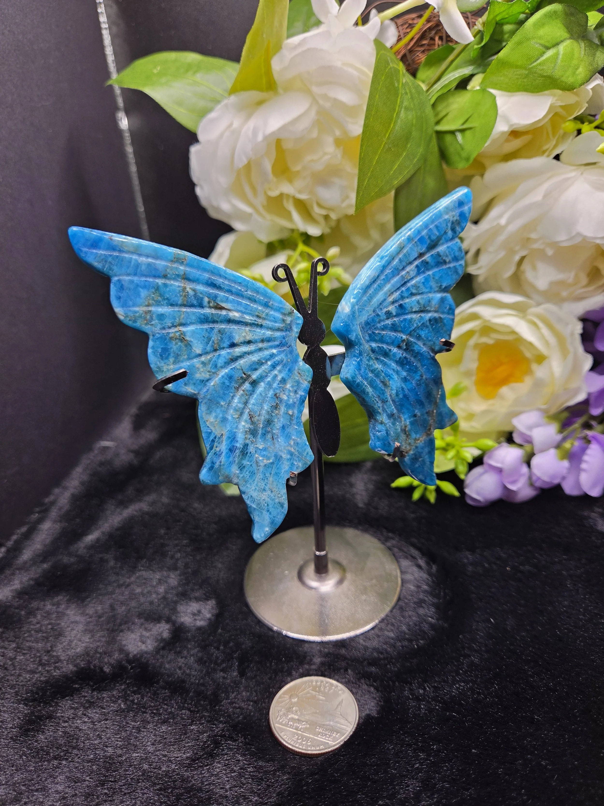 Blue Apatite Butterfly Wings with Stand - A1
