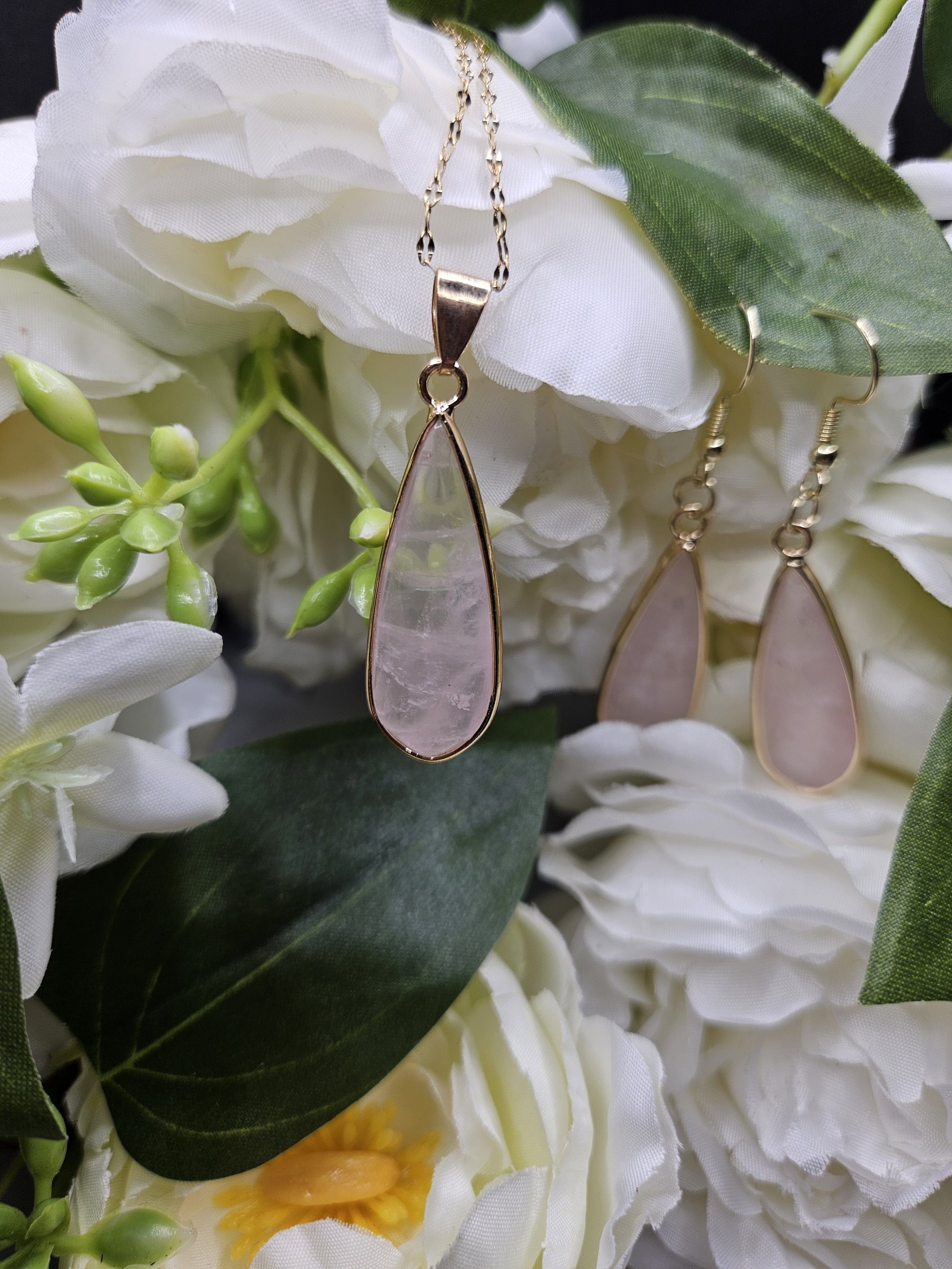 Lightly Faceted Rose Quartz Teardrop Set in Gold - Earrings and Necklace